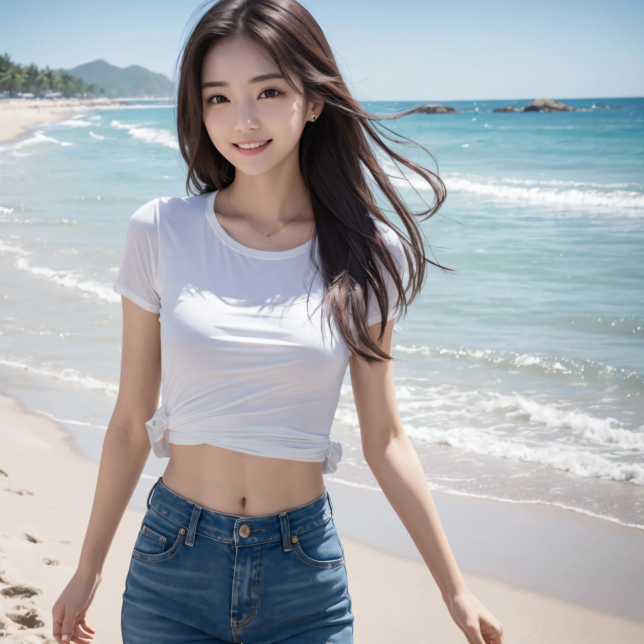 One lady、((best qualtiy、8k masterpieces:1.3))、foco nítido:1.2、(ultra beautiful faces:1.0)、(shinny skin:1.0)、photos realistic、A dark-haired、Video Lighting、High-definition eyes and face、Video Lighting、(Korean Cute Actress)、from the front side、medium breasts、Smile、Slender Abs Beauty、Whole body、wearing t-shirts、On the beach in the morning