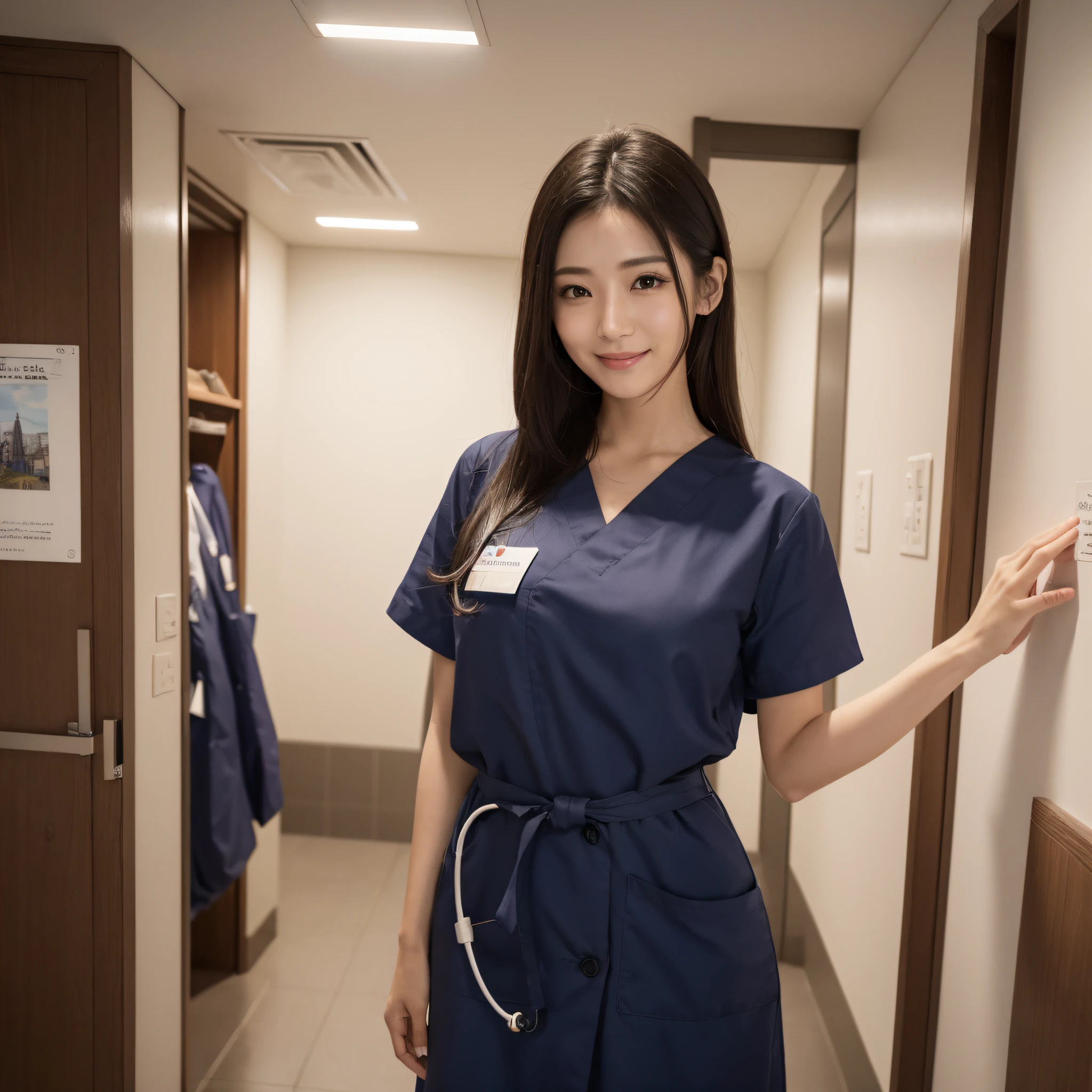 One Nurse Woman、((best qualtiy、8k masterpieces:1.3))、foco nítido:1.2、(ultra beautiful faces:1.0)、(shinny skin:1.0)、photos realistic、A dark-haired、Video Lighting、High-definition eyes and face、Video Lighting、Japan Idol Actress、from the front side、medium breasts、Smile、Slender Abs Beauty、Whole body、Wearing a white coat、at hospital