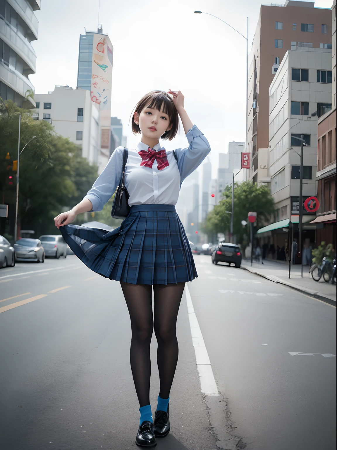 （8K、Raw photography、top-quality、​masterpiece：1.2),de pele branca,kne,(Black pantyhose),absurderes,large full breasts:1.5,Chest emphasis、Parting the bangs from the middle、Forehead visible,​masterpiece,top-quality、超A high resolution,Raw photo,ren,Beautiful fece,One Person, 独奏,fullllbody,cute little、JK school uniform,hi-school girl,A Japanese Lady,is standing,Skirt flipping、panty visible、Skirt Hilari in the wind、（Photorealsitic：1.37）、Photon mapping,Light blue ribbon,Realistic、Cute little face,Brown-eyed、Black socks、(Red bow tie)、Radio City、Physically Based Rendering、Foreground、depth of fields、Blurry background、a picture,The girls、Body,beauty legs, Long legs, Thin leg,Long bob cut,(Bangs are visible), hair, s lips, Blue_The eye, nosesoft,(Light blue shirt), (Navy and blue and white plaid pleated skirt), Knees are visible,Sheer clothing,, Thigh, Black cotton socks,Nogizaka Idol, 女優, Japanese ido