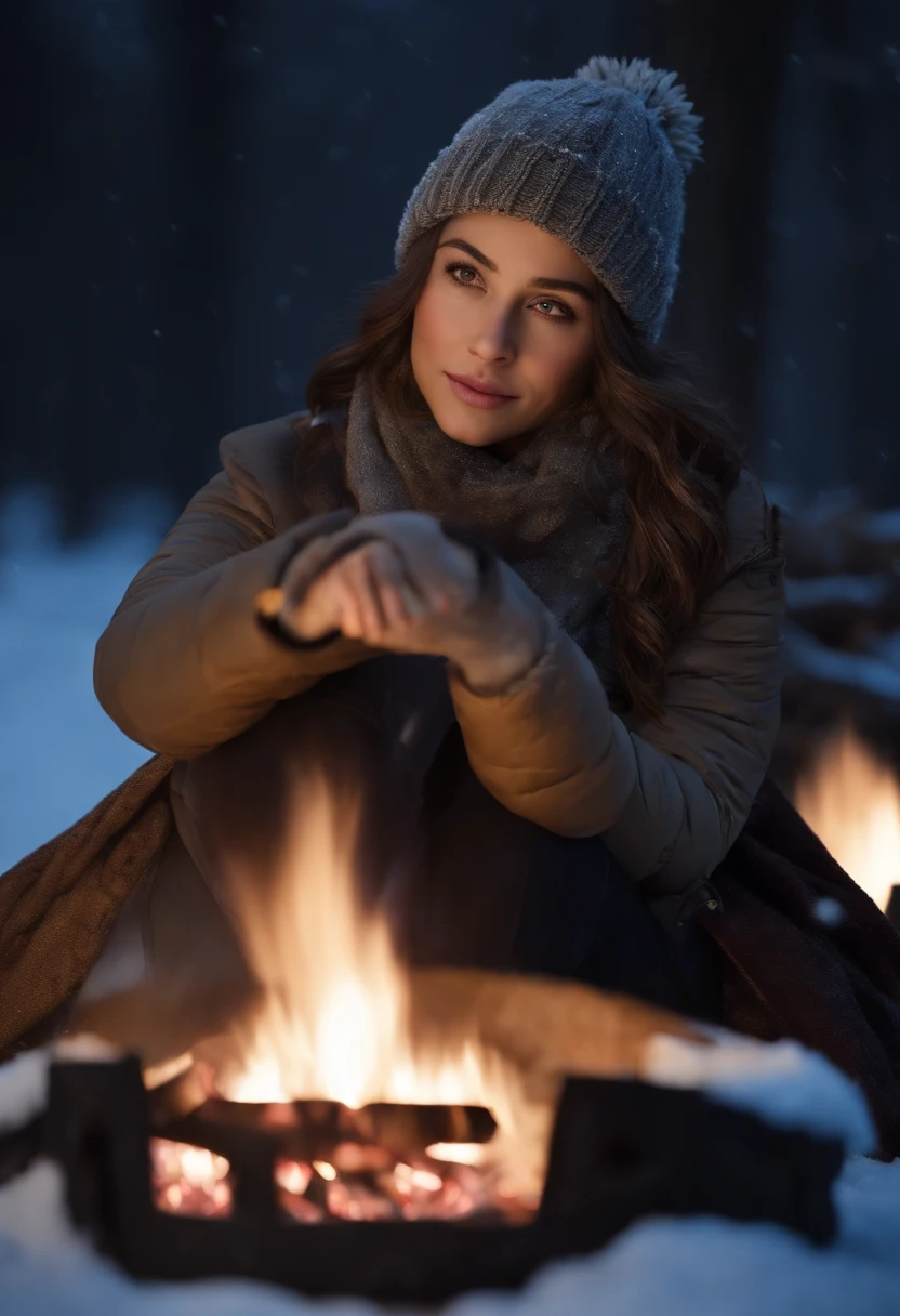 (masterpiece, heartwarming depiction of a girl wearing winter clothes and a beanie, warming herself by a campfire on a serene night:1.3), (meticulously captured to convey the cozy ambiance of a winter evening:1.2), (the girl's attire and the flickering flames of the campfire creating a sense of warmth and comfort:1.1), (the soft glow of the fire illuminating her face and surroundings:1.1), (meticulous attention given to the details of her winter clothing and the inviting glow of the campfire:1.1), (the tranquil night setting providing a backdrop of calmness and serenity:1.1), (a portrayal that evokes a feeling of contentment and solace amidst the chilly night:1.1), (an image that captures the beauty of finding comfort and companionship by the fire's embrace:1.1), (an artwork that invites viewers to immerse themselves in the soothing atmosphere of the scene:1.1), (an invitation to enjoy the simple pleasures of a peaceful night by the fire:1.1)), Cinematic, Hyper-detailed, insane details, Beautifully color graded, Unreal Engine, DOF, Super-Resolution, Megapixel, Cinematic Lightning, Anti-Aliasing, FKAA, TXAA, RTX, SSAO, Post Processing, Post Production, Tone Mapping, CGI, VFX, SFX, Insanely detailed and intricate, Hyper maximalist, Hyper realistic, Volumetric, Photorealistic, ultra photoreal, ultra-detailed, intricate details, Super detailed, Full color, Volumetric lightning, HDR, Realistic, Unreal Engine, 16K, Sharp focus, Octane render