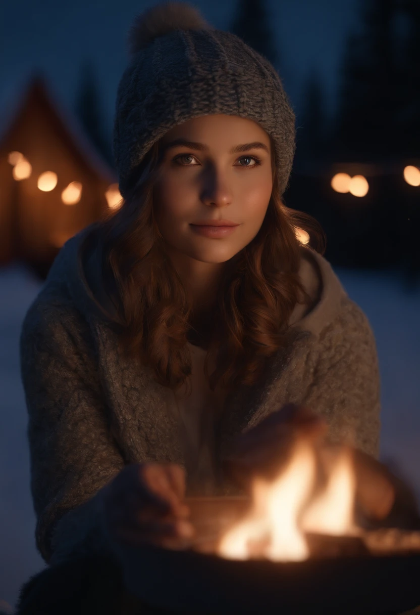 (masterpiece, heartwarming depiction of a girl wearing winter clothes and a beanie, warming herself by a campfire on a serene night:1.3), (meticulously captured to convey the cozy ambiance of a winter evening:1.2), (the girl's attire and the flickering flames of the campfire creating a sense of warmth and comfort:1.1), (the soft glow of the fire illuminating her face and surroundings:1.1), (meticulous attention given to the details of her winter clothing and the inviting glow of the campfire:1.1), (the tranquil night setting providing a backdrop of calmness and serenity:1.1), (a portrayal that evokes a feeling of contentment and solace amidst the chilly night:1.1), (an image that captures the beauty of finding comfort and companionship by the fire's embrace:1.1), (an artwork that invites viewers to immerse themselves in the soothing atmosphere of the scene:1.1), (an invitation to enjoy the simple pleasures of a peaceful night by the fire:1.1)), Cinematic, Hyper-detailed, insane details, Beautifully color graded, Unreal Engine, DOF, Super-Resolution, Megapixel, Cinematic Lightning, Anti-Aliasing, FKAA, TXAA, RTX, SSAO, Post Processing, Post Production, Tone Mapping, CGI, VFX, SFX, Insanely detailed and intricate, Hyper maximalist, Hyper realistic, Volumetric, Photorealistic, ultra photoreal, ultra-detailed, intricate details, Super detailed, Full color, Volumetric lightning, HDR, Realistic, Unreal Engine, 16K, Sharp focus, Octane render