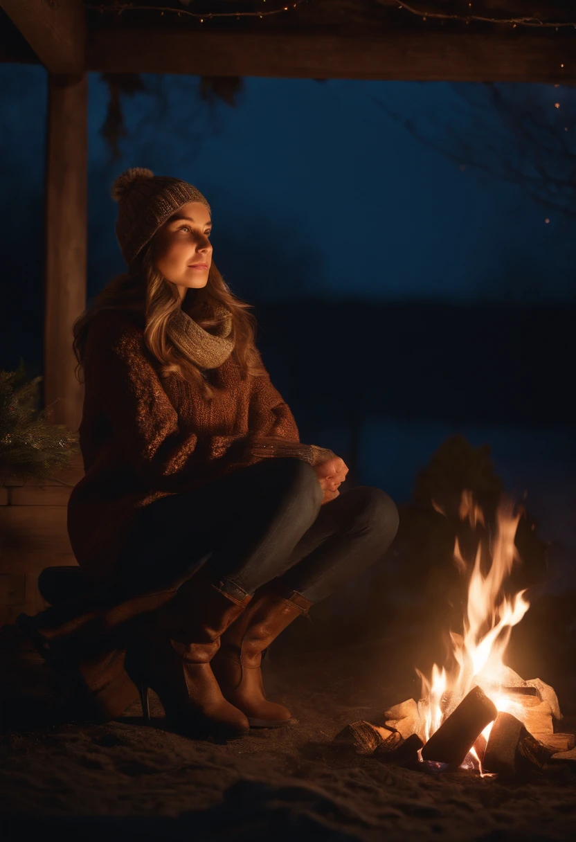 (masterpiece, heartwarming depiction of a girl wearing winter clothes and a beanie, warming herself by a campfire on a serene night:1.3), (meticulously captured to convey the cozy ambiance of a winter evening:1.2), (the girl's attire and the flickering flames of the campfire creating a sense of warmth and comfort:1.1), (the soft glow of the fire illuminating her face and surroundings:1.1), (meticulous attention given to the details of her winter clothing and the inviting glow of the campfire:1.1), (the tranquil night setting providing a backdrop of calmness and serenity:1.1), (a portrayal that evokes a feeling of contentment and solace amidst the chilly night:1.1), (an image that captures the beauty of finding comfort and companionship by the fire's embrace:1.1), (an artwork that invites viewers to immerse themselves in the soothing atmosphere of the scene:1.1), (an invitation to enjoy the simple pleasures of a peaceful night by the fire:1.1)), Cinematic, Hyper-detailed, insane details, Beautifully color graded, Unreal Engine, DOF, Super-Resolution, Megapixel, Cinematic Lightning, Anti-Aliasing, FKAA, TXAA, RTX, SSAO, Post Processing, Post Production, Tone Mapping, CGI, VFX, SFX, Insanely detailed and intricate, Hyper maximalist, Hyper realistic, Volumetric, Photorealistic, ultra photoreal, ultra-detailed, intricate details, Super detailed, Full color, Volumetric lightning, HDR, Realistic, Unreal Engine, 16K, Sharp focus, Octane render