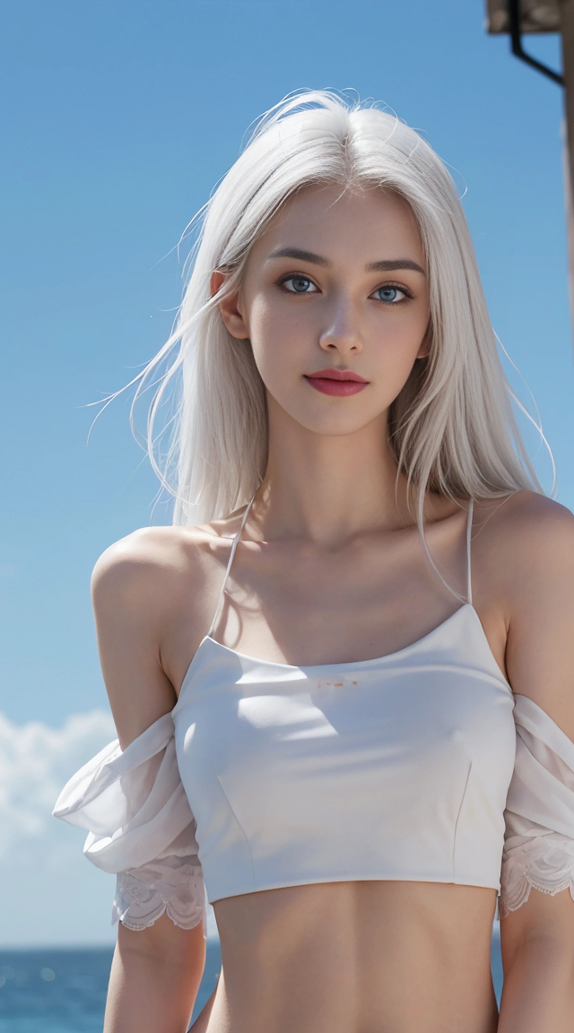 8K, Top Quality, Intricate Details, Ultra Detail, Ultra High Resolution, Masterpiece, random angle, Slender, Smile, (Makeup: 0.4), (Fluffy Blue Eyes: 1.21), blue Eyes, looking at viewer, ((full body)), 1girl, solo, 1 girl, (( full body)), close up shot, , ((tall)), (((fit body))), (((slim face))), sharp face, sharp eyes, ((( white hair, very long hair, )) , (detailed face), sharp face, small lips,
((angel wing )), ((crop top)), detailed face, detailed breast, , large breast, detail ass, , Beautiful girl with accentuated slender abs: 1.4, Six Pack Abs: 1.4, Bust Botox, Big, Perfect Body, detail leg, (( in heaven)),