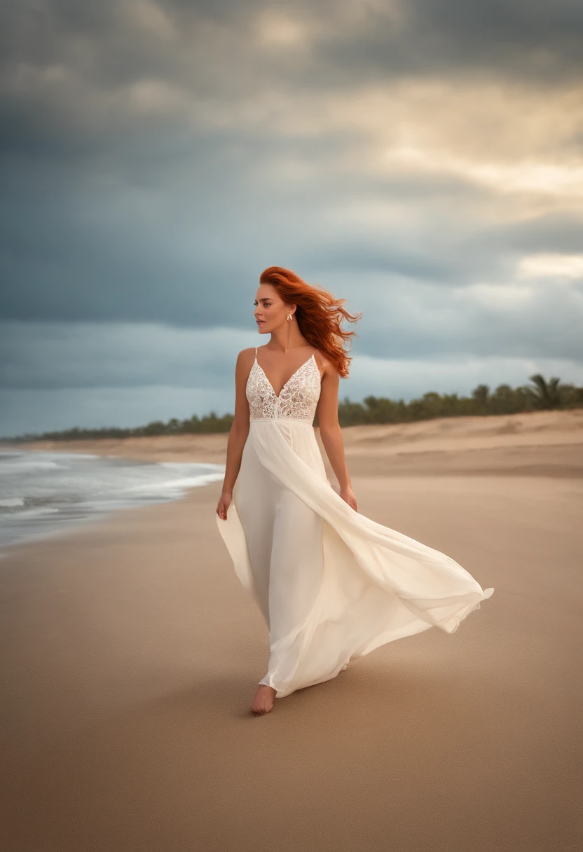 une femme rousse portant un bikini blanc sortant de l'ocean ,elle pose pour playboy , meilleur qualite ,elle regarde l'objectif, elle a froid