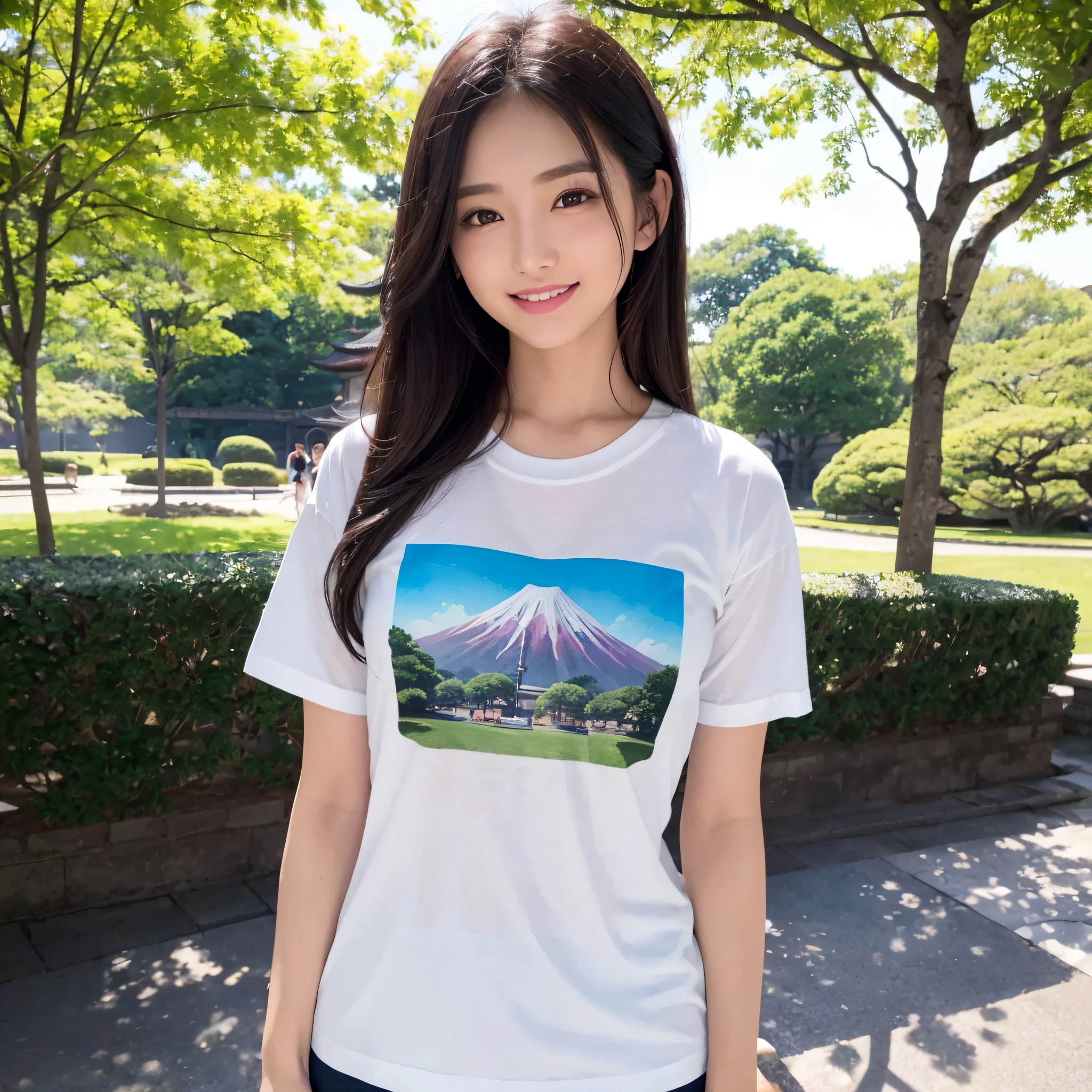 One beauty、((best qualtiy、8k masterpieces:1.3))、foco nítido:1.2、(ultra beautiful faces:1.0)、(shinny skin:1.0)、photos realistic、A dark-haired、Video Lighting、High-definition eyes and face、Video Lighting、25-year-old Japan actress、from the front side、medium breasts、Smile、Slender Abs Beauty、Whole body、Kanji for Japan「tenderness」Wearing a T-shirt、In the park in the morning