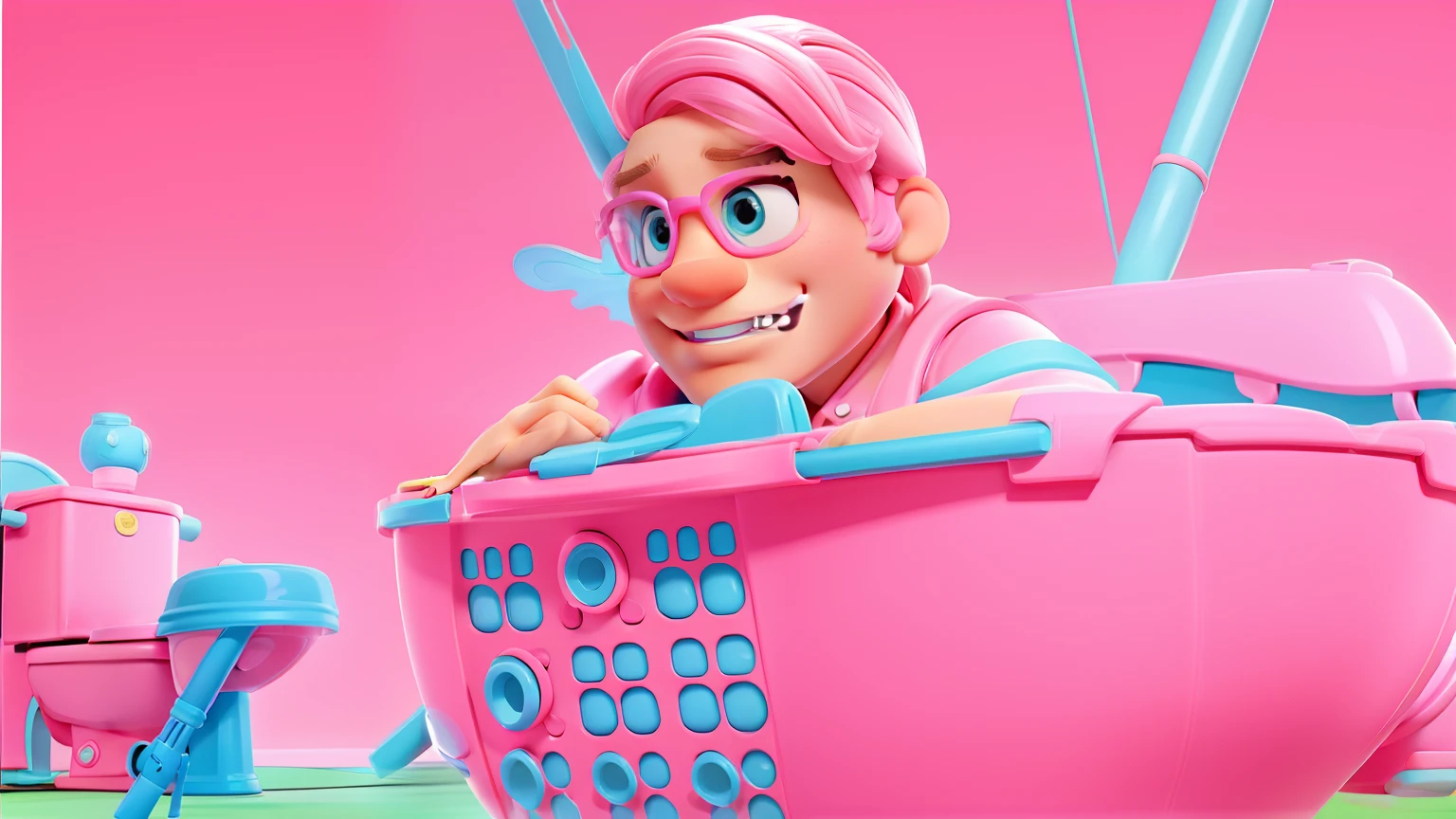 barbie Doll style: Ken. (A giant Man Charracter), (Pink and cyan Background), (outdoor, Fly), (Head in Toilet), skibidi toilet, Giant, Toy. (Only 1 Man charracter)