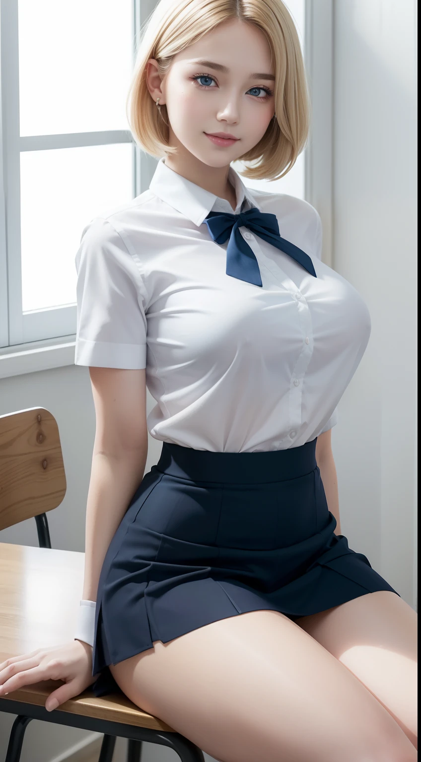 masutepiece, Photorealistic, Distinct_image, 4K resolution, high_quality, Super_detail, Glamorous, Female, Perfect_Body, Perfect_Face, large full breasts, white_skin, Thick_thighs thighs thighs thighs,  Girl, NVIDIA RTX, blond_Short_hair, Smile,, Huge_Ass, School_uniform, White shirt, Dark blue prill skirt, Classroom Stockings, Tie Ribbon, Blue_Eyes, pale pink lips