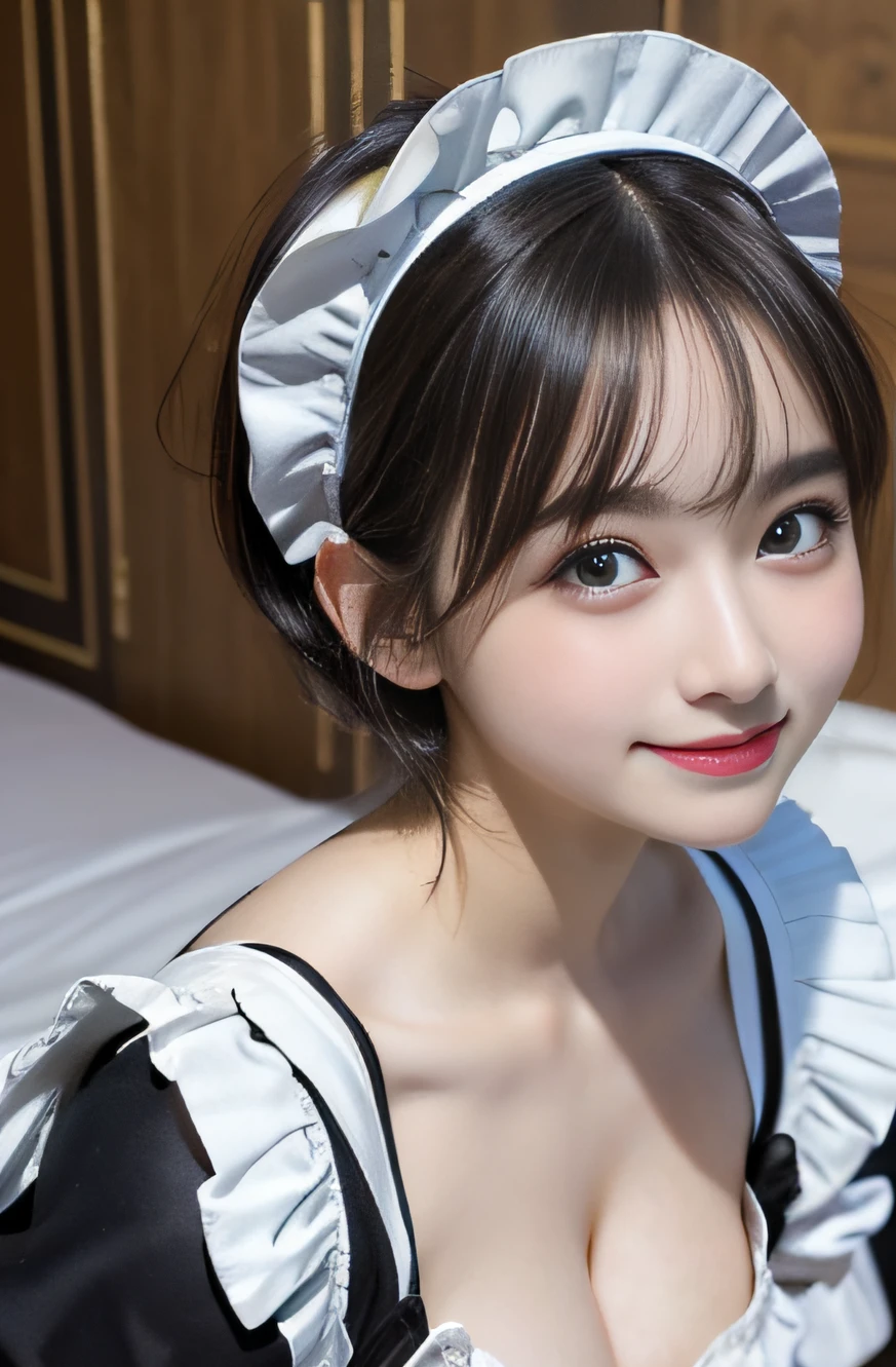 1girl in,18 years old,(cleavage of the breast:1.2), Beautiful eyes,Smile, Japanese Idol, extremely pretty, Cute, Perfect face, A charming smile, seducting smile, Happy smile, large round eyes, Gentle expression, (Transportation of Western-style teapots on Western-style trays:1.3), Looking at the viewer, 1girl in, masutepiece,Realistic, White panties,round big eyes, Shiny skin,small nostrils,Light makeup, (French traditional black maid costume:1.2),Maid headdress,Short hair,sox, Shallow depth of field,