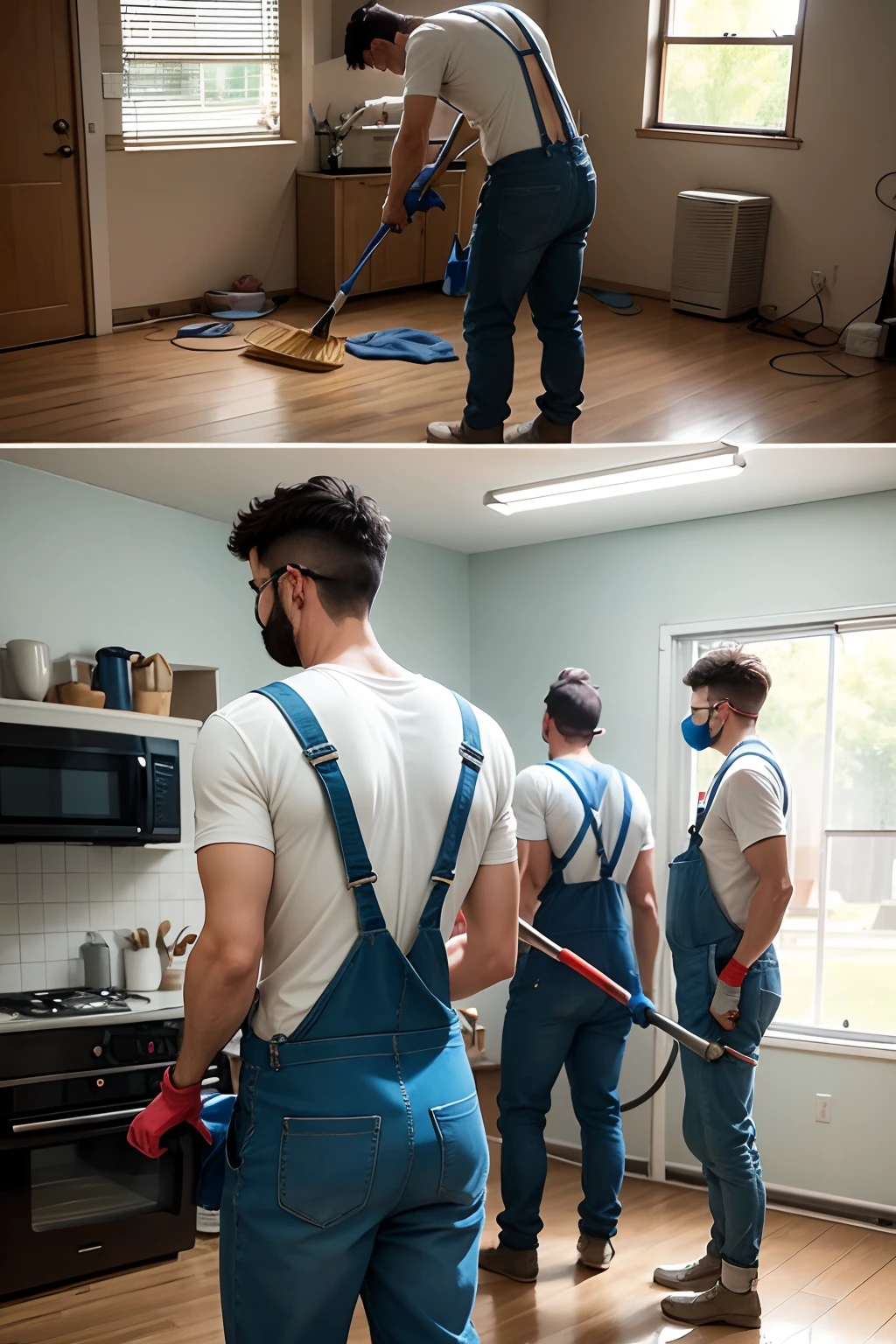 Four men in overalls are cleaning, Their logo is Clean4u, One is cleaning the air conditioner, Gathered inside a messy house, Cleaning while sweating