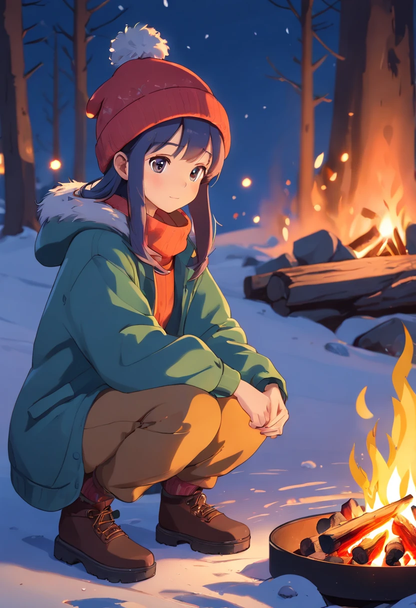 (masterpiece, heartwarming depiction of a girl wearing winter clothes and a beanie, warming herself by a campfire on a serene night:1.3), (meticulously captured to convey the cozy ambiance of a winter evening:1.2), (the girl's attire and the flickering flames of the campfire creating a sense of warmth and comfort:1.1), (the soft glow of the fire illuminating her face and surroundings:1.1), (meticulous attention given to the details of her winter clothing and the inviting glow of the campfire:1.1), (the tranquil night setting providing a backdrop of calmness and serenity:1.1), (a portrayal that evokes a feeling of contentment and solace amidst the chilly night:1.1), (an image that captures the beauty of finding comfort and companionship by the fire's embrace:1.1), (an artwork that invites viewers to immerse themselves in the soothing atmosphere of the scene:1.1), (an invitation to enjoy the simple pleasures of a peaceful night by the fire:1.1)), Cinematic, Hyper-detailed, insane details, Beautifully color graded, Unreal Engine, DOF, Super-Resolution, Megapixel, Cinematic Lightning, Anti-Aliasing, FKAA, TXAA, RTX, SSAO, Post Processing, Post Production, Tone Mapping, CGI, VFX, SFX, Insanely detailed and intricate, Hyper maximalist, Hyper realistic, Volumetric, Photorealistic, ultra photoreal, ultra-detailed, intricate details, Super detailed, Full color, Volumetric lightning, HDR, Realistic, Unreal Engine, 16K, Sharp focus, Octane render