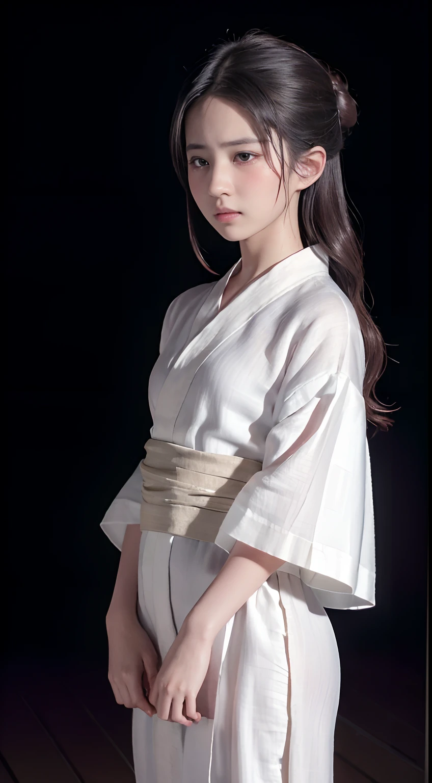 ((Best quality, 8K, Masterpiece :1.3)), Sharp focus:1.2 ， Photorealsitic，(Cinematic lighting)，Facial detail texture. Eye details. Double eyelids, Slender body. Super small breasts, , photo-realistic:1.37，Perfect eyes, ((1 girl in a gray yukata))，（white sash），(Thin fabric)，((Ragged linen)),Short hem of the dress，With a petite figure，brunette color hair，Long hair draped loosely，Qi bangs，Hands tied behind his back，standing with legs apart，Exposing thighs，Full body like，Clothing covers the whole body，folds，((solid color backdrop))，is shy，Be red in the face，weeping，streaming tears，Get wet