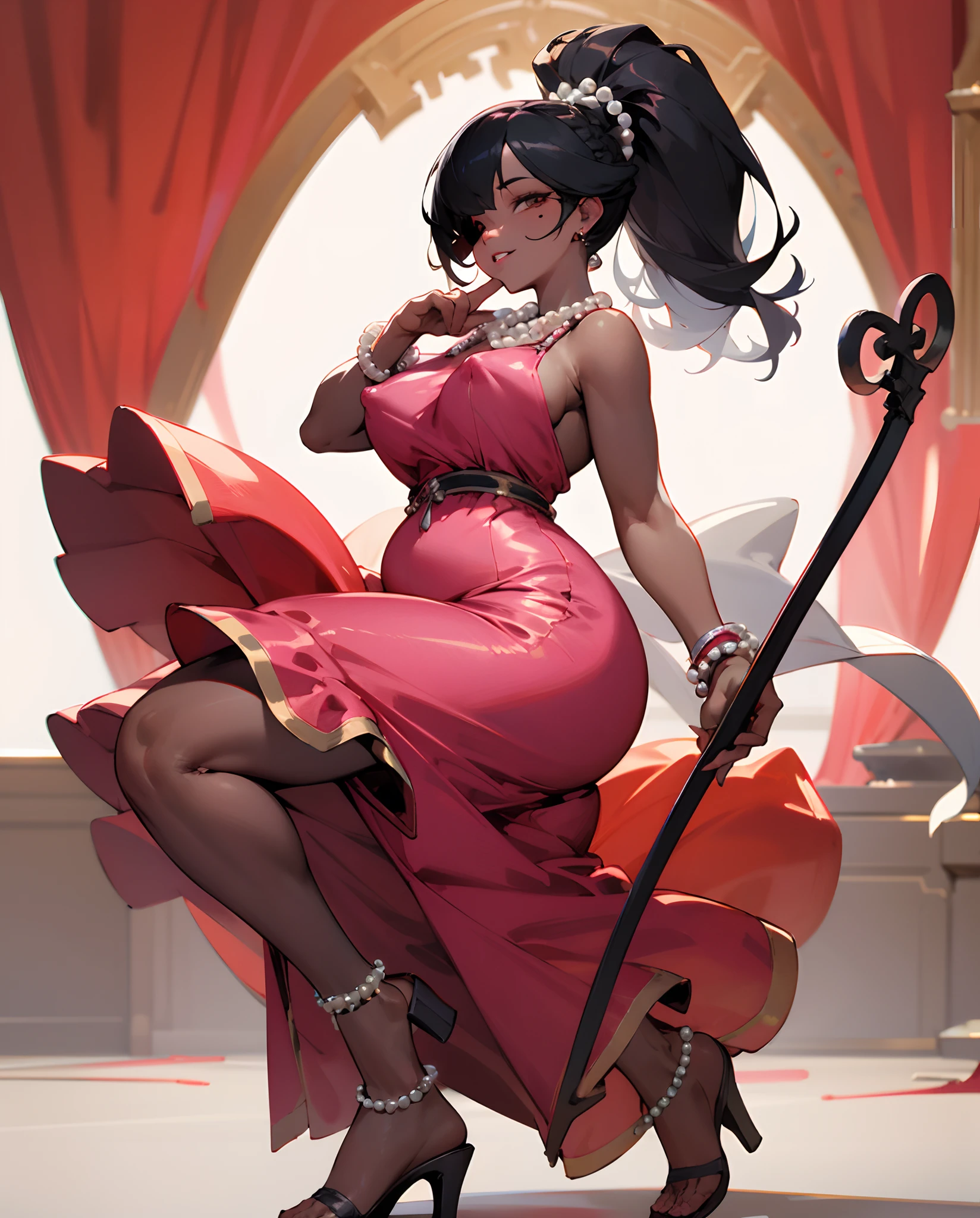 Slightly fat, super plump, Very plump, pearls necklace, Ring in the nose, 耳Nipple Ring, Anklets, Thick lips, black-skinned, Crystal heels, leather whip, short detailed hair, The expression is pompous, Heart-shaped bra, red colour, Pink clothes, Tight clothing or pajamas, Pajamas made of silk, (full body1:1), Slightly fat, Intricate court costumes, Gorgeous European court costumes in black and white, posing elegantly, black hair, braided ponytail, eyepatch, mole under eye, makeup, seductive smile, chiaroscuro, close-up, cowboy shot, masterpiece, ccurate, high details, high quality, highres, anatomically correct, ccurate
