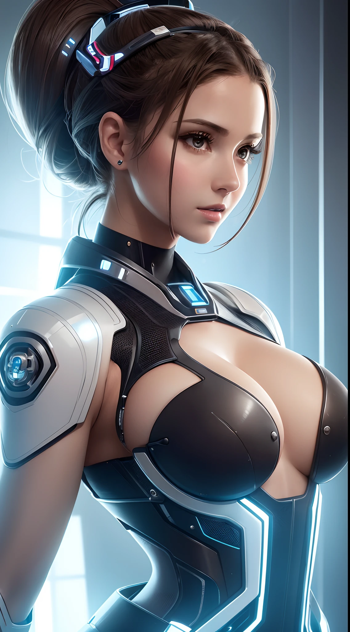A close-up head and chest portrait of a pretty and cute woman, her chest adorned with pneumatic tubes that give her a unique and futuristic appearance. The highly detailed digital rendering captures every aspect of her beauty, from her delicate features to the intricate tubes.