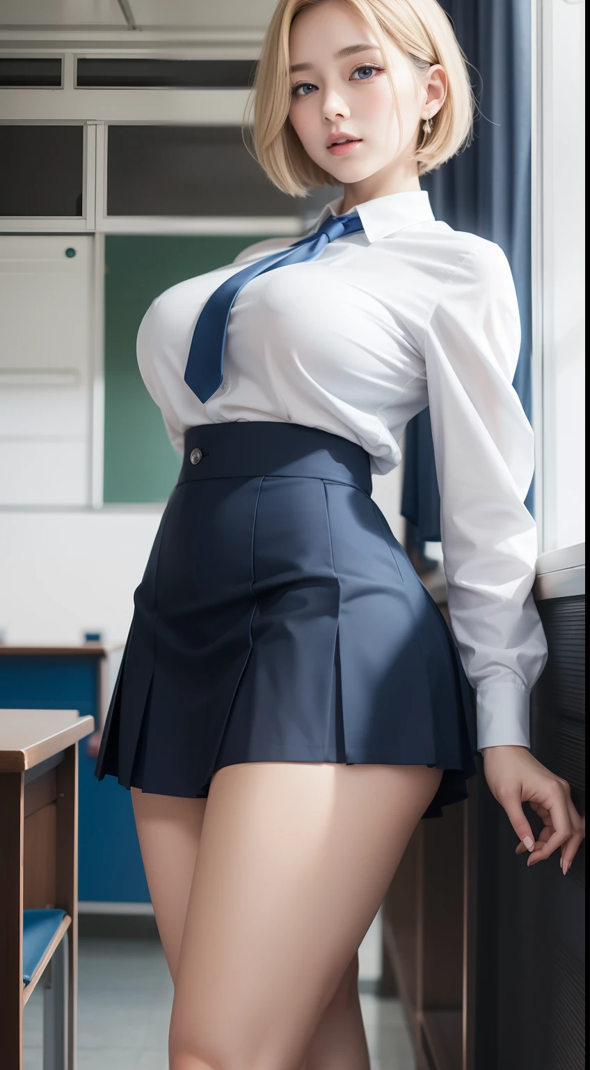 masutepiece, Photorealistic, Distinct_image, 4K resolution, high_quality, Super_detail, Glamorous, Female, Perfect_Body, Perfect_Face, large full breasts, white_skin, Thick_thighs thighs thighs thighs,  Girl, NVIDIA RTX, blond_Short_hair, Smile,, Huge_Ass, School_uniform, White shirt, Dark blue prill skirt, Classroom Stockings, Tie Ribbon, Blue_Eyes, pale pink lips