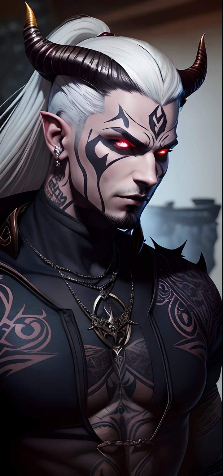 Man with tattoos on his face, fit male demon with white horns, male vampire of clan banu haqim, Detailed matte fantasy portrait, fantasy male portrait, Genie Demon Man, epic fantasy digital art style, epic fantasy art portrait, Dark, But detailed digital art, male djinn man demon hybrid, human male demon, Digital fantasy character