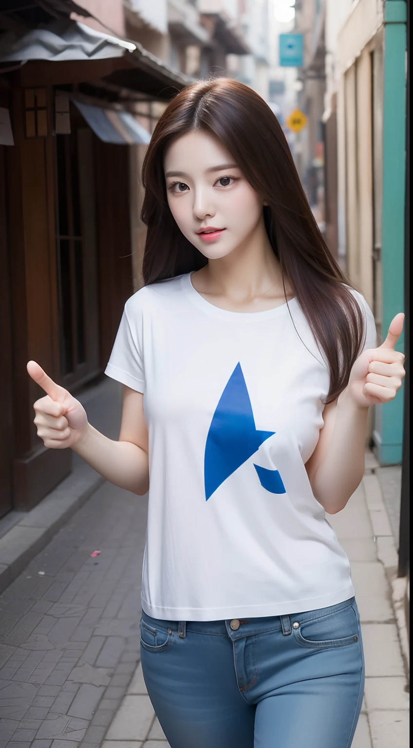 realistic photos of 1 cute Korean star, straight hair, white skin, thin makeup, 32 inch breasts size, wearing t-shirt, pants, walking in the old town, with thumbs -up pose, upper body portrait, UHD