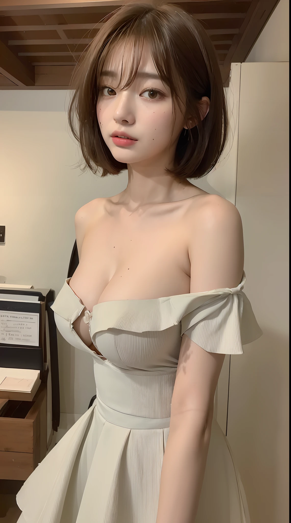 ((Best quality, 8K, Masterpiece :1.3)), 1girll, Beautuful Women:1.3, (shoulder-length haircut, huge tit:1.2), Bandeau dress:1.1, Ultra-fine face, A detailed eye, 二重まぶた