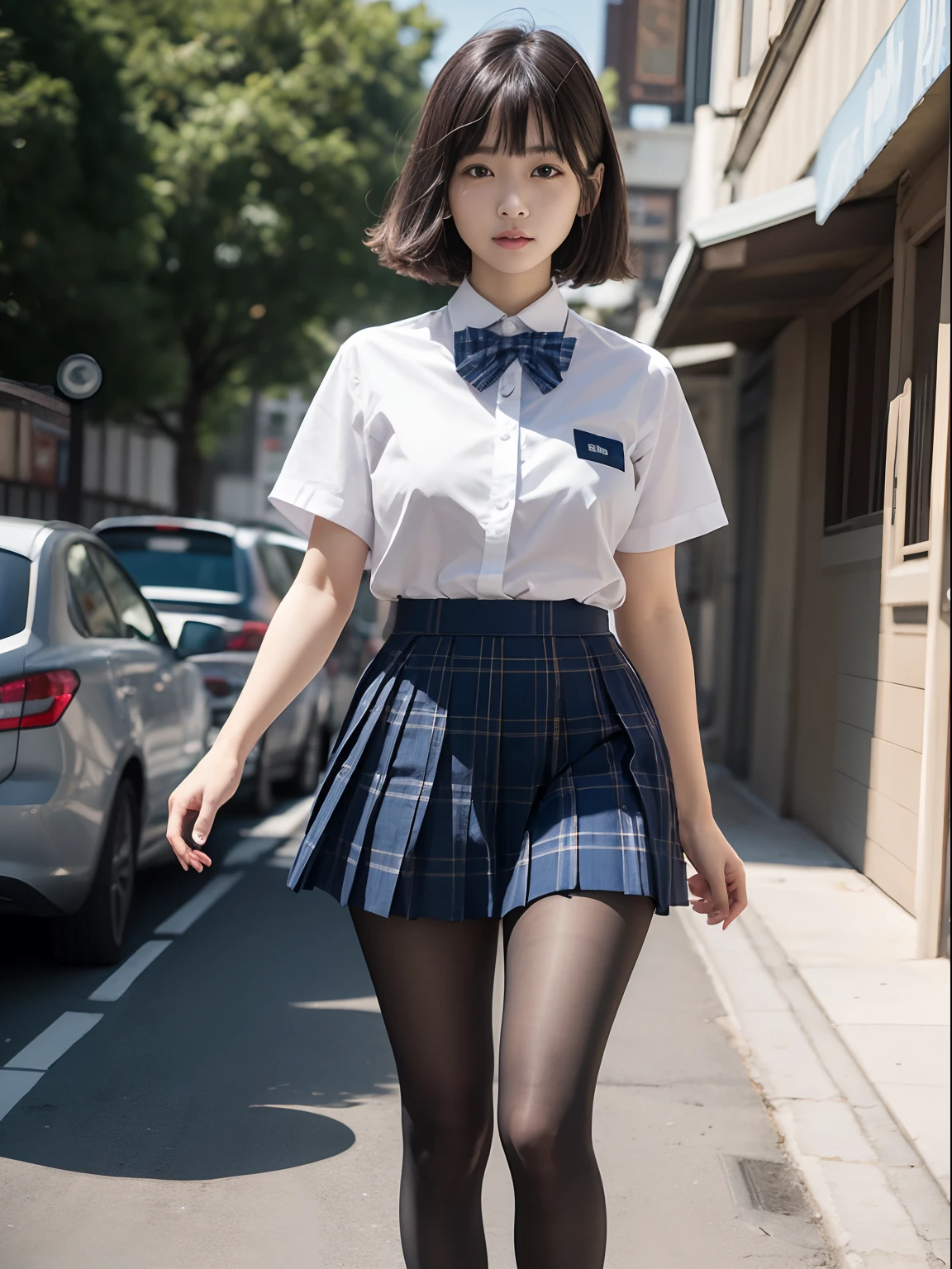 (8K、Raw photography、top-quality、masterpiece:1.2),de pele branca,kne,(Black pantyhose),absurderes,large full breasts:1.5,Chest emphasis、Parting the bangs from the middle、Forehead visible,masterpiece,top-quality、超A high resolution,Raw photo,ren,Beautiful fece,One Person, 独奏,fullllbody,cute little、JK school uniform,hi-school girl,A Japanese Lady,is standing,Skirt flipping、panty visible、Skirt hilari in the wind、(Photorealsitic:1.37)、Photon mapping,Light blue ribbon,Realistic、Cute little face,Brown-eyed、Black socks、(Red bow tie)、Radio City、Physically Based Rendering、Foreground、depth of fields、Blurry background、a picture,The girls、Body,beauty legs, Long legs, Thin leg,Long bob cut,(Bangs are visible), hair, s lips, Blue_The eye, nosesoft,(Light blue shirt), (Navy and blue and white plaid pleated skirt), Knees are visible,Sheer clothing,, Thigh, Black cotton socks,Nogizaka Idol, 女優, Japanese ido