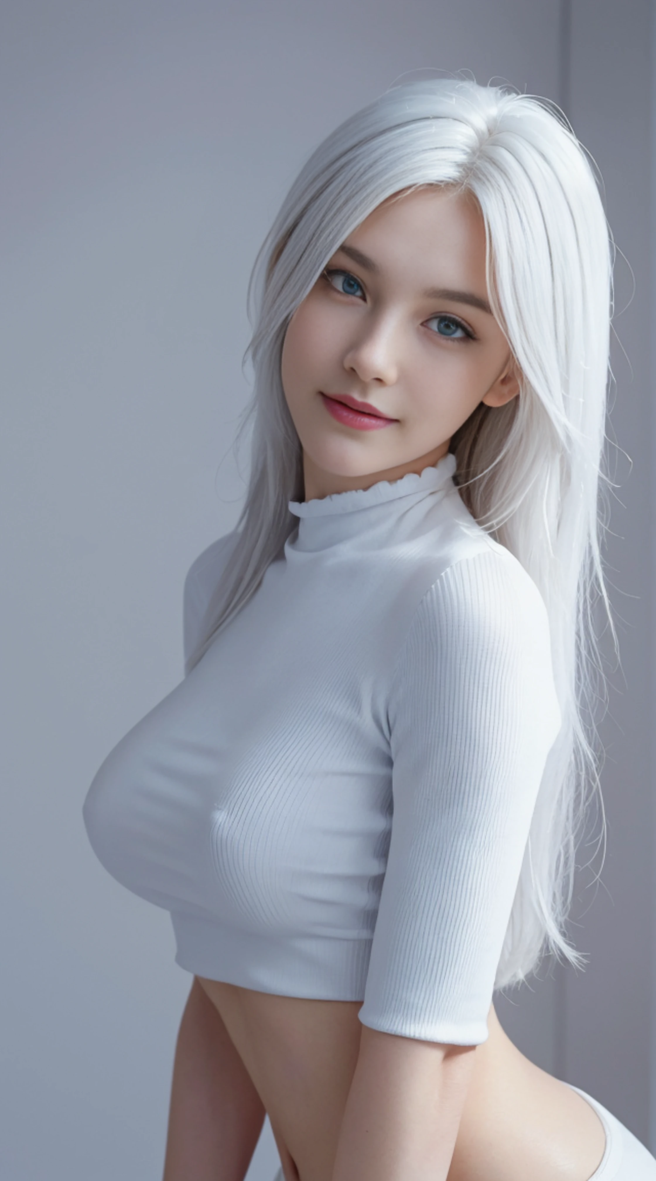 8K, Top Quality, Intricate Details, Ultra Detail, Ultra High Resolution, Masterpiece, random angle, Slender, Smile, (Makeup: 0.4), (Fluffy Blue Eyes: 1.21), blue Eyes, looking at viewer, ((full body)), 1girl, solo, 1 girl, (( full body)), close up shot, , ((tall)), (((fit body))), (((slim face))), sharp face, sharp eyes, ((( white hair, very long hair, )) , (detailed face), sharp face, small lips,
((angel wing )), ((crop top)), detailed face, detailed breast, , large breast, detail ass, , Beautiful girl with accentuated slender abs: 1.4, Six Pack Abs: 1.4, Bust Botox, Big, Perfect Body, detail leg, (( in heaven)),