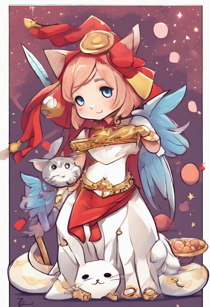 ((La mejor calidad, Obra maestra)), ((Pegatina troquelada)), [(Fondo simple:1.3),::5], (solid outline:1.2), Chibi, 1girl, Little Angel. White top with small gold details, falda blanca que llega por debajo de las rodillas, amarrada con una cuerda dorada por la cintura, accompanied by a red scarf located on the scepter of the waist, barriga descubierta, bare shoulders and collarbone, ((boca de gato, Chibi, sonrojada, cara feliz ):1.1),