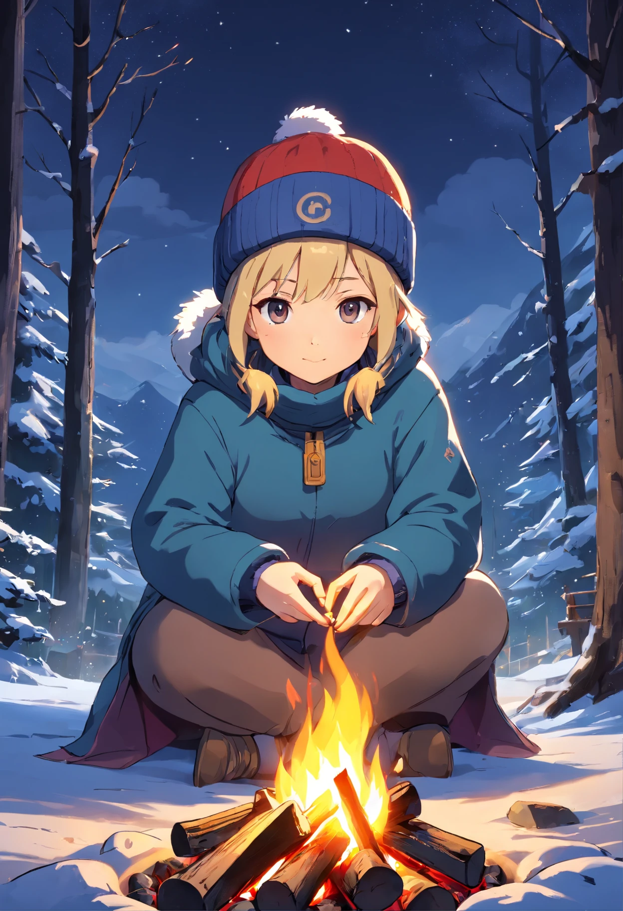 (masterpiece, heartwarming depiction of a girl wearing winter clothes and a beanie, warming herself by a campfire on a serene night:1.3), (meticulously captured to convey the cozy ambiance of a winter evening:1.2), (the girl's attire and the flickering flames of the campfire creating a sense of warmth and comfort:1.1), (the soft glow of the fire illuminating her face and surroundings:1.1), (meticulous attention given to the details of her winter clothing and the inviting glow of the campfire:1.1), (the tranquil night setting providing a backdrop of calmness and serenity:1.1), (a portrayal that evokes a feeling of contentment and solace amidst the chilly night:1.1), (an image that captures the beauty of finding comfort and companionship by the fire's embrace:1.1), (an artwork that invites viewers to immerse themselves in the soothing atmosphere of the scene:1.1), (an invitation to enjoy the simple pleasures of a peaceful night by the fire:1.1)), Cinematic, Hyper-detailed, insane details, Beautifully color graded, Unreal Engine, DOF, Super-Resolution, Megapixel, Cinematic Lightning, Anti-Aliasing, FKAA, TXAA, RTX, SSAO, Post Processing, Post Production, Tone Mapping, CGI, VFX, SFX, Insanely detailed and intricate, Hyper maximalist, Hyper realistic, Volumetric, Photorealistic, ultra photoreal, ultra-detailed, intricate details, Super detailed, Full color, Volumetric lightning, HDR, Realistic, Unreal Engine, 16K, Sharp focus, Octane render