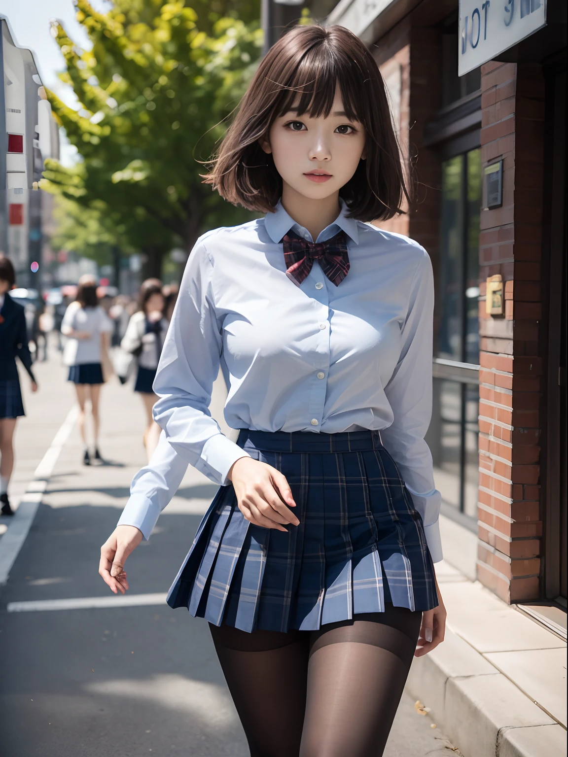 （8K、Raw photography、top-quality、​masterpiece：1.2),de pele branca,kne,(Black pantyhose),absurderes,large full breasts:1.5,Chest emphasis、Parting the bangs from the middle、Forehead visible,​masterpiece,top-quality、超A high resolution,Raw photo,ren,Beautiful fece,One Person, 独奏,fullllbody,cute little、JK school uniform,hi-school girl,A Japanese Lady,is standing,Skirt flipping、panty visible、Skirt hilari in the wind、（Photorealsitic：1.37）、Photon mapping,Light blue ribbon,Realistic、Cute little face,Brown-eyed、Black socks、(Red bow tie)、Radio City、Physically Based Rendering、Foreground、depth of fields、Blurry background、a picture,The girls、Body,beauty legs, Long legs, Thin leg,Long bob cut,(Bangs are visible), hair, s lips, Blue_The eye, nosesoft,(Light blue shirt), (Navy and blue and white plaid pleated skirt), Knees are visible,Sheer clothing,, Thigh, Black cotton socks,Nogizaka Idol, 女優, Japanese ido
