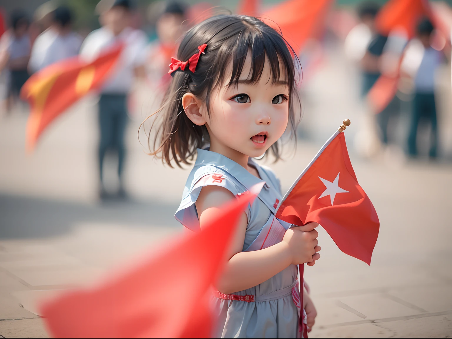 3 girl, Hold the Chinese five-star red flag, Wave in the square to celebrate the National Day, blue-sky,
