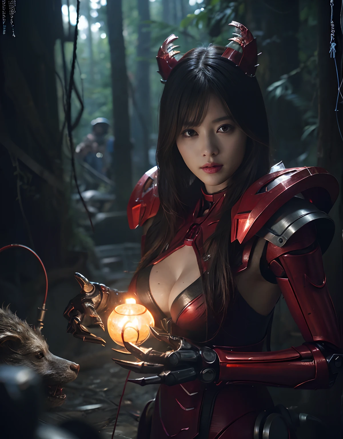 (1 Mechanical Girl)、top-quality、​masterpiece、超A high resolution、(Photorealsitic:1.4)、Raw photo、女の子1人、Fight mutants、glowy skin、(((1 Mechanical Girl)))、With a beautiful knife、（Silver Metal Bodysuit）、(Kobold、ogre、Fierce battle with orcs),（Fight fiercely against aliens）、Fight fiercely、(beautiful forest background)、(Fighting Demonic Beasts)、(Small LED)、((super realistic details))、portlate、(Strong giant demon beast background),globalillumination、Shadow、octan render、8K、ultrasharp、Colossal tits、Raw skin is exposed in cleavage、metals、Details of complex ornaments、Japan details、highly intricate detail、Realistic light、(Mystical expression),CGSoation Trends、Red Eyes、radiant eyes、Facing the camera、neon details、(Mechanical limbs)、(blood vessels connected to tubes)、Mechanical vertebrae attached to the back、mechanical cervical attaching to neck、(Wires and cables connecting to the head)、Gundam、Small LED、,Mechanical thighs、Toostock、（Hands are also made of machines）、（Attack of the Monster Beasts）、（Wounded in a deadly battle）、