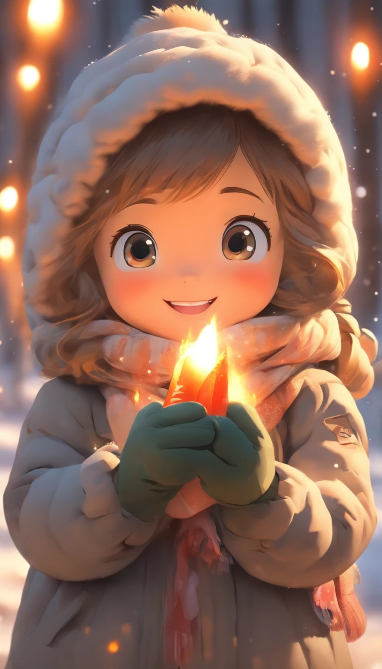 A little girl in a down jacket camps by the river，Winter is snowy，The girl drilled wood for the fire，A small fire，Little girl grilling fish over a small fire，wearing gloves，Wear a scarf，The little girl smiled happily，Children's illustration style，Full body like，Department of Healing