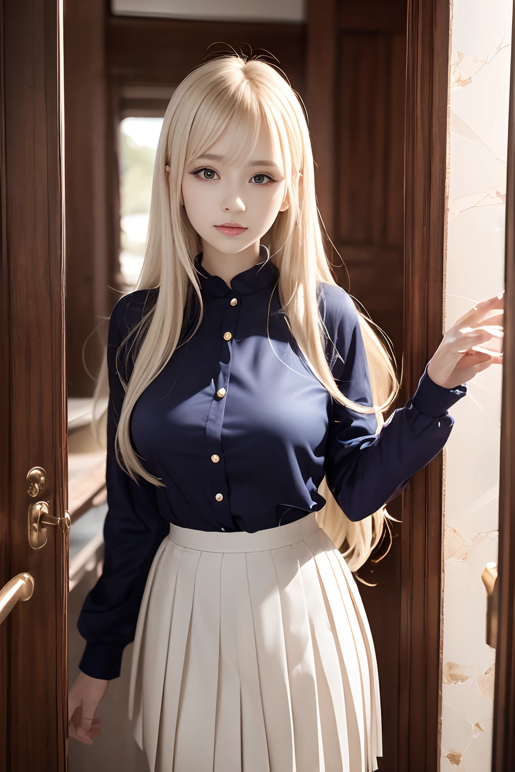 bright look、ponytale、young, Sparkling white shiny skin、Best Look、The reflection of blonde hair、Platinum blonde hair with dazzling highlights、shiny light hair,、Super Long Silk Straight Hair、Radiant beautiful bangs、Radiant clear attractive big blue eyes、Very beautiful, dashing, Cute 16 year old girl、Lush bust,Beautiful detailed eyes, Beautiful detailed nose,(( s whole body:1.25)),Makeup emphasizes the eyes、((pleated skirt:1.3)),(Women like Joan of Arc:1.3)、(S armor:1.3)、knightage, (Equipped with a sword and shield:1.2),Royal style,comic style, , Sub-surface scattering, Dazzling detail, Natural background, A hyper-realistic, films, with dramatic lighting, masutepiece、(Decorative armor)、(Wearing an aura:1.5)、CIRCLET、((Princess Knights))、Frild、