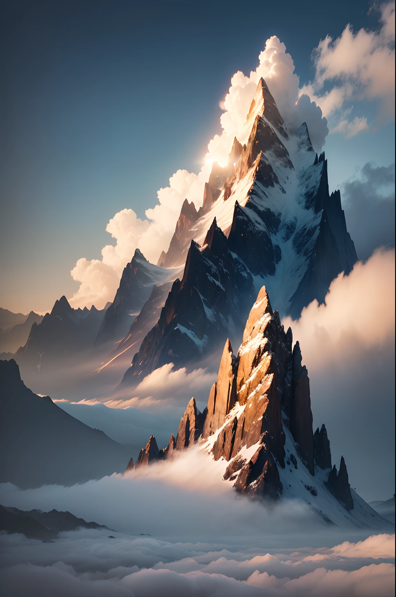 Image of light shining on a mountain range shrouded in mist
