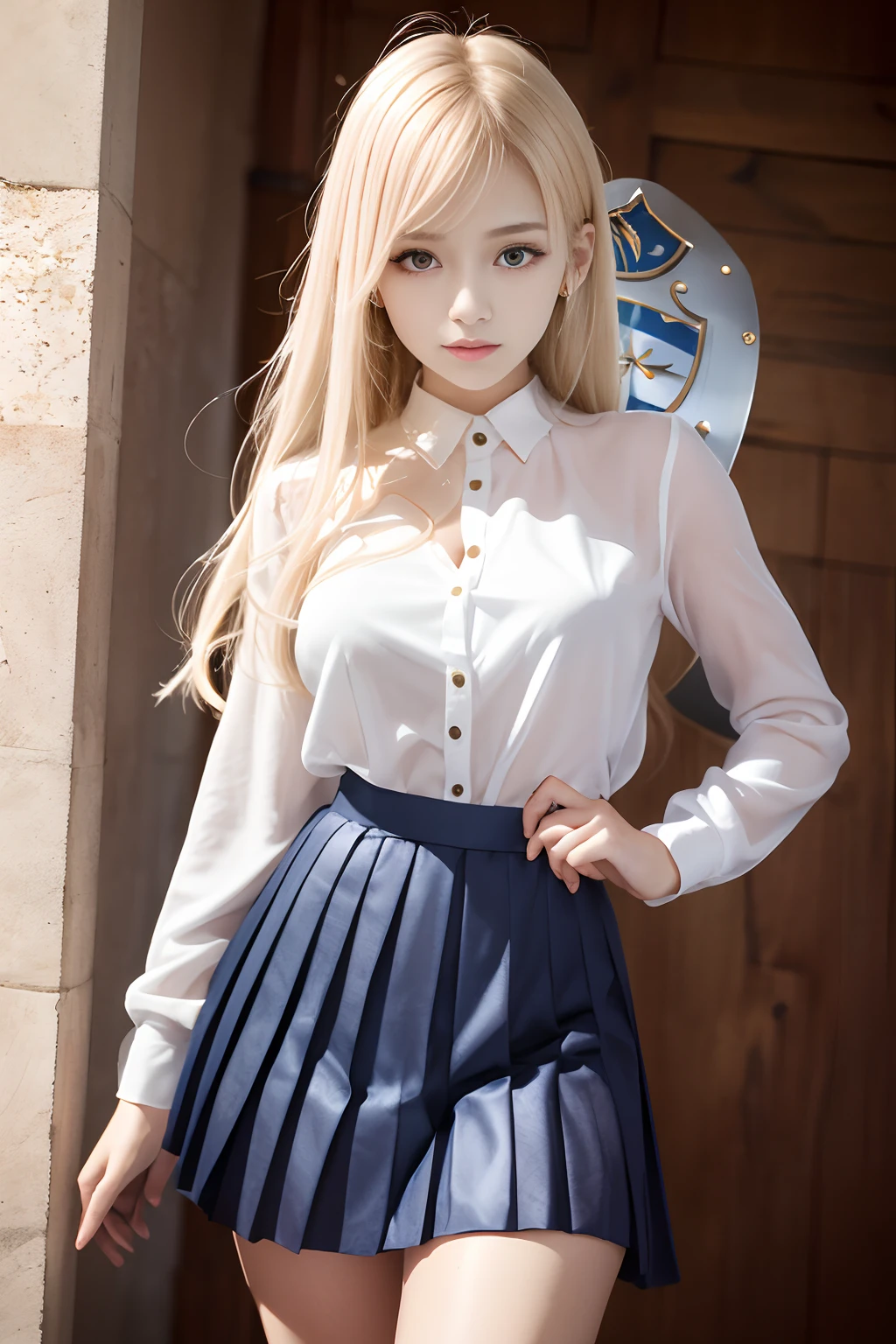 bright look、ponytale、young, Sparkling white shiny skin、Best Look、The reflection of blonde hair、Platinum blonde hair with dazzling highlights、shiny light hair,、Super Long Silk Straight Hair、Radiant beautiful bangs、Radiant clear attractive big blue eyes、Very beautiful, dashing, Cute 16 year old girl、Lush bust,Beautiful detailed eyes, Beautiful detailed nose,(( s whole body:1.25)),Makeup emphasizes the eyes、((pleated skirt:1.3)),(Women like Joan of Arc:1.3)、(S armor:1.3)、knightage, (Equipped with a sword and shield:1.2)，Royal style，comic style, , Sub-surface scattering, Dazzling detail, Natural background, A hyper-realistic, films, with dramatic lighting, masutepiece、(Decorative armor)、(Wearing an aura:1.5)、CIRCLET、((Princess Knights))、Frild、