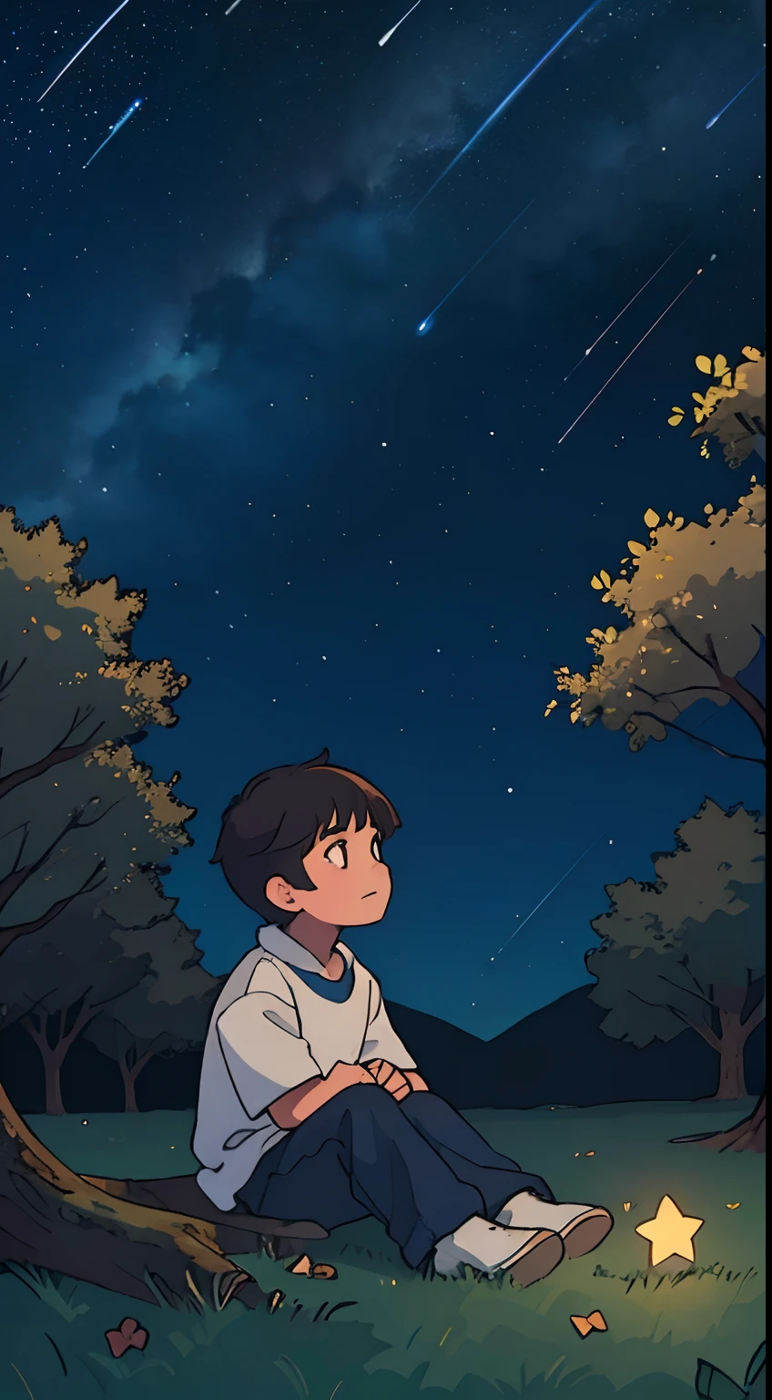 Show a male child sitting under a tree, Looking at the stars in awe.