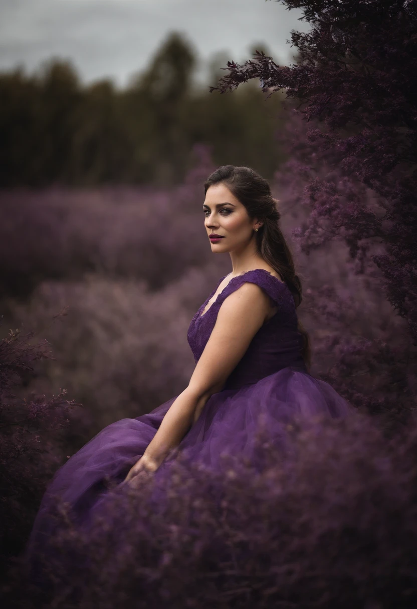 imagen de In a Dark Room, hay una chica morena con ojos negros llorando en una esquina. It is full of (((Purple trees))) with dry leaves and the soil is dark purple grass. A pesar de la falta de ventanas, hay una luz tenue que revela los detalles, creating a melancholic and mysterious atmosphere, ropa rasgada, vestido de tirantes blanco sucio