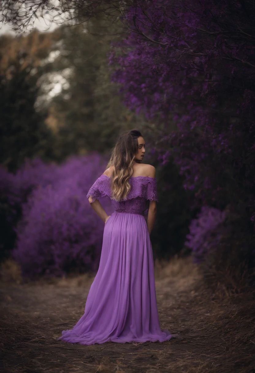 imagen de In a Dark Room, hay una chica morena con ojos negros llorando en una esquina. It is full of (((Purple trees))) with dry leaves and the soil is dark purple grass. A pesar de la falta de ventanas, hay una luz tenue que revela los detalles, creating a melancholic and mysterious atmosphere, ropa rasgada, vestido de tirantes blanco sucio