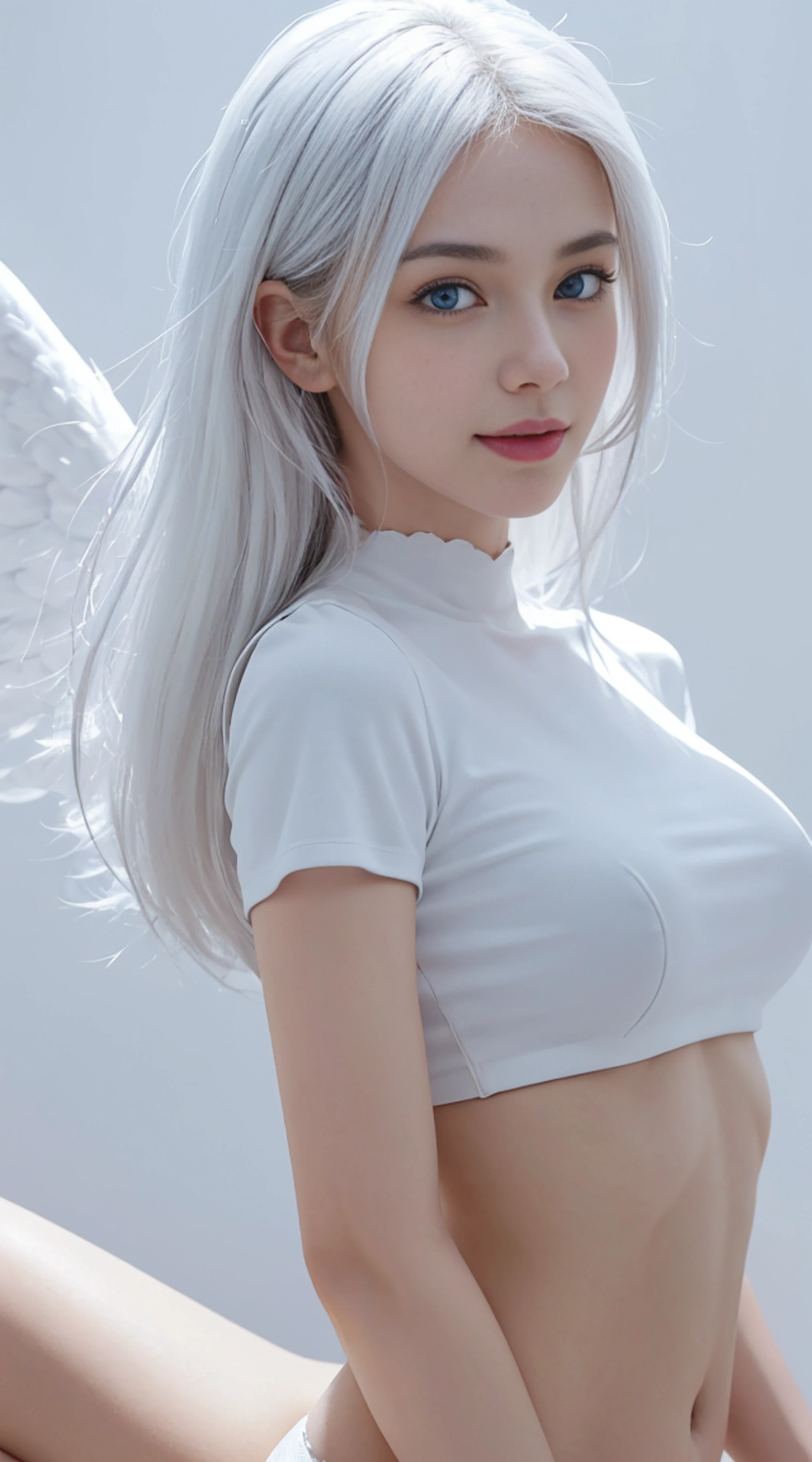 8K, Top Quality, Intricate Details, Ultra Detail, Ultra High Resolution, Masterpiece, random angle, Slender, Smile, (Makeup: 0.4), (Fluffy Blue Eyes: 1.21), blue Eyes, looking at viewer, ((full body)), 1girl, solo, 1 girl, (( full body)), close up shot, , ((tall)), (((fit body))), (((slim face))), sharp face, sharp eyes, ((( white hair, very long hair, )) , (detailed face), sharp face, small lips,
((angel wing )), ((crop top)), detailed face, detailed breast, , large breast, detail ass, , Beautiful girl with accentuated slender abs: 1.4, Six Pack Abs: 1.4, Bust Botox, Big, Perfect Body, detail leg, (( in heaven)),