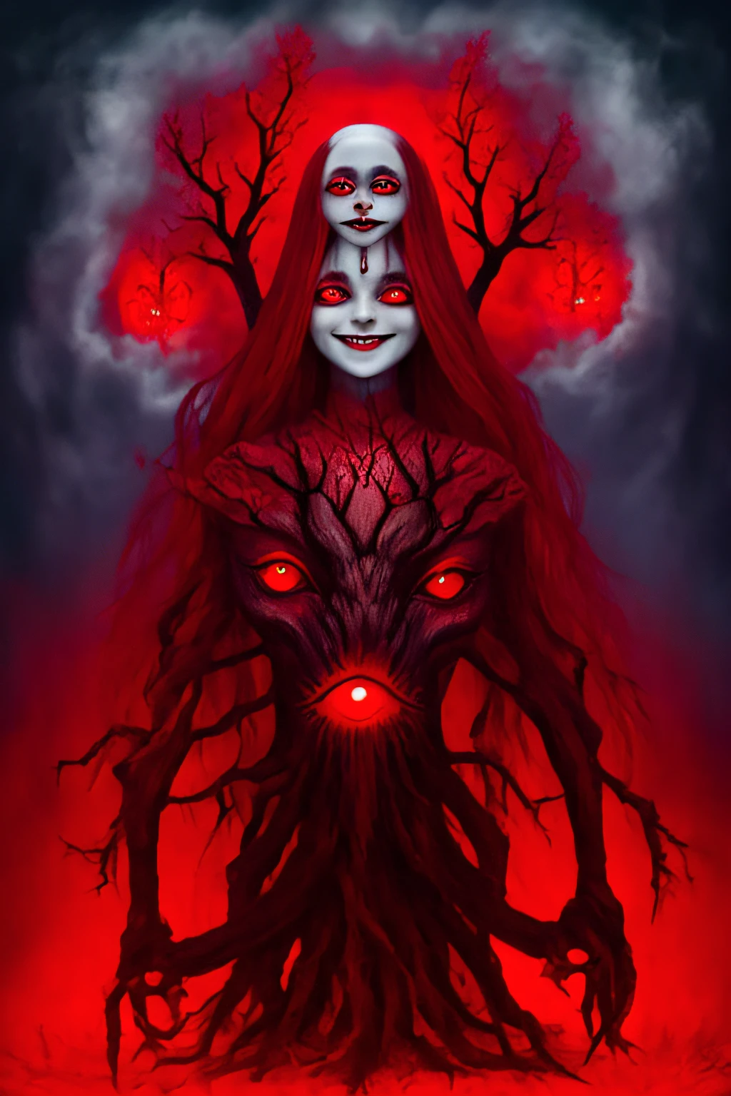 Enchanted giants Tree, blood red eyes, demonic third eye, haunting smile on wood with branches like wooden hands , Gothic style, colorful landscape, with a twisted smile, sunny day,