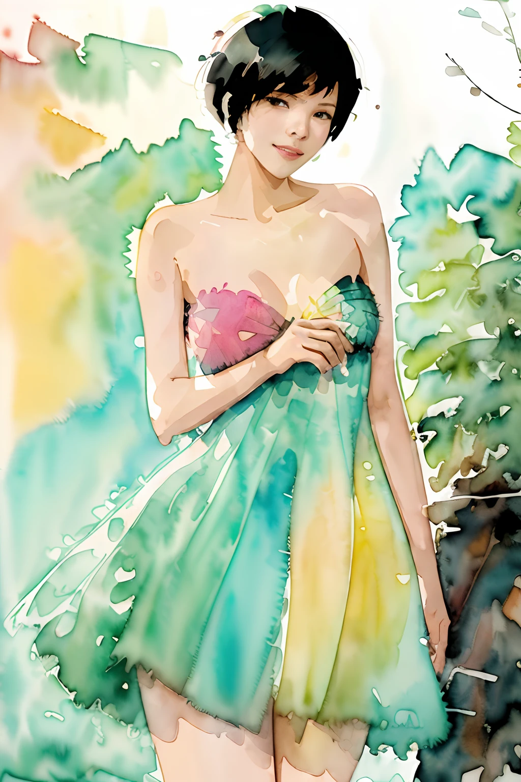 ((( pascal campion style watercolor ))) 8k beautiful woman drawing (( designer strapless dress)) cluttered studio, glamorous (( suzanna aye ))