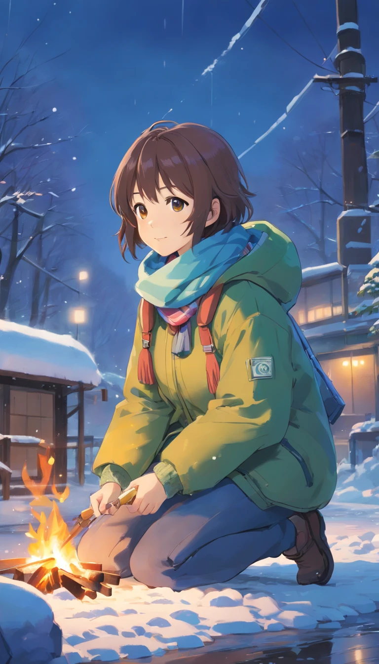 A little girl in a down jacket camps by the river,Winter is snowy,The girl drilled wood for the fire,A small fire,Little girl grilling fish over a small fire,wearing gloves,Wear a scarf,The little girl smiled happily,Children's illustration style,Full body like,Department of Healing
