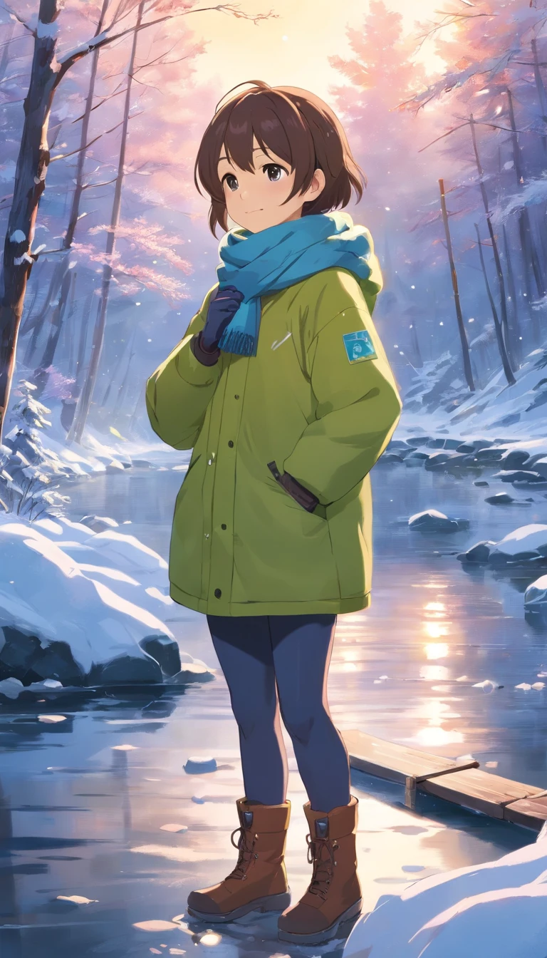 A girl in a down jacket camps by the river,Winter is snowy,The girl drilled wood for the fire,A small fire,Littlegrilling fish over a small fire,wearing gloves,Wear a scarf,The little girl happily,Children's illustration style,Full body like,Department of Healing