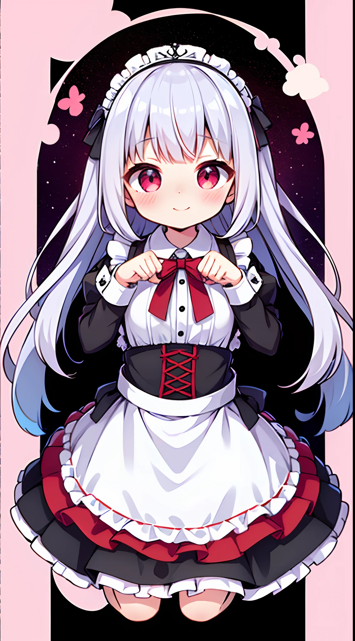 8K picture quality,silber hair,Red-eyed girl,cute little ,Long hair,Heartwarming,a miniskirt,Lolita,A smile,Thumbnail styles,maid clothes,fluffly,full body Esbian,Embarrassed expression,Pink cloud background