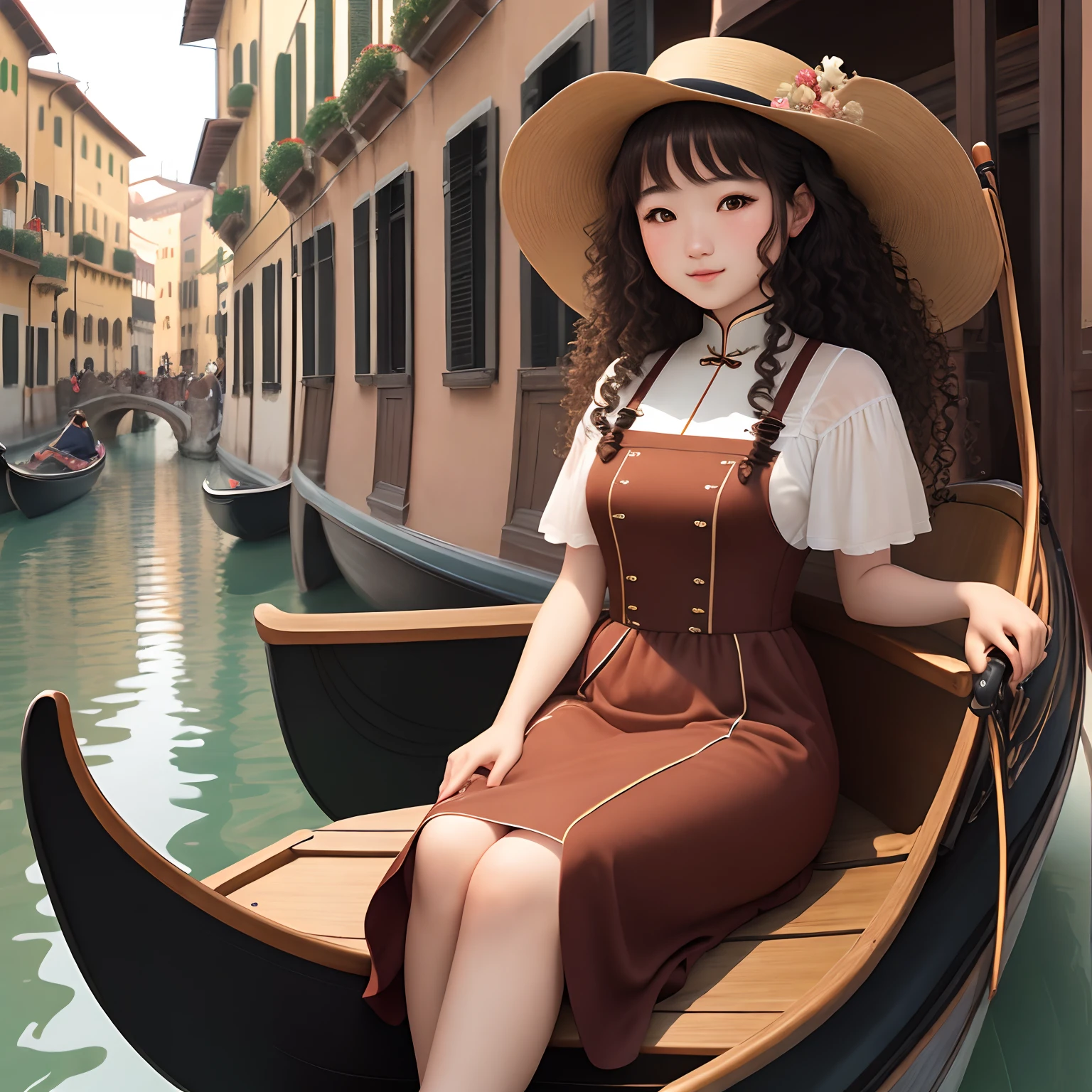 Italian-Chinese girl with brown curly hair sitting on gondola