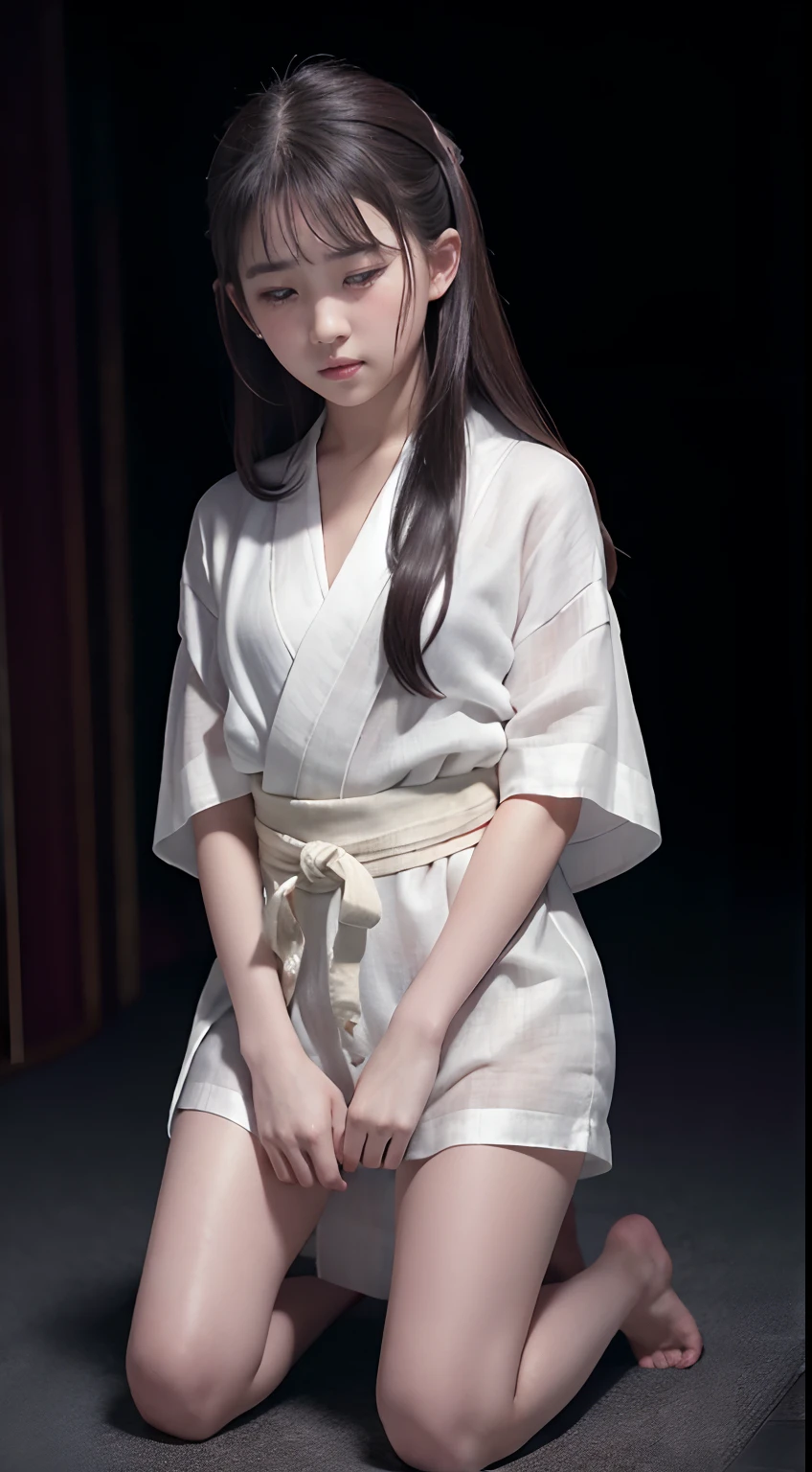 ((Best quality, 8K, Masterpiece :1.3)), Sharp focus:1.2 , Photorealsitic,(Cinematic lighting),Facial detail texture. Eye details. Double eyelids, Slender body. Super small breasts, , photo-realistic:1.37,Perfect eyes, ((1 girl in a white yukata)),(white sash),(Thick fabric),((Ragged linen)),Female prisoners,With a petite figure,brunette color hair,Long hair draped loosely,Qi bangs,Hands tied behind his back,Kneeling position,short- sleeved,Exposing thighs,Full body like,Clothing covers the whole body,folds,((solid color backdrop)),is shy,Be red in the face,weeping,streaming tears,Get wet