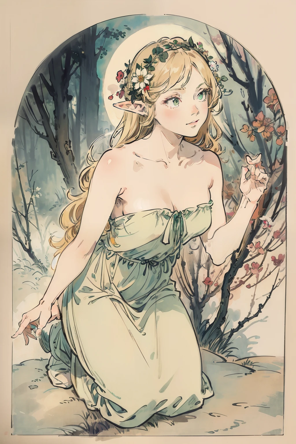 SFW,masutepiece, Best Quality, High resolution, 1girl in, Full body, Details Girl, detail hands, Detail fingers, Detail Face, detail legs, 1girl in, elf, Looking down, Flower Garden, Black sky, smog, watercolor paiting, pale skin, Petite, Blonde hair, Long hair, Wavy Hair, saddened, mournful smile, Green eyes, tareme, medium breasts, white sundress, Bare back, Kneeling, Planting trees