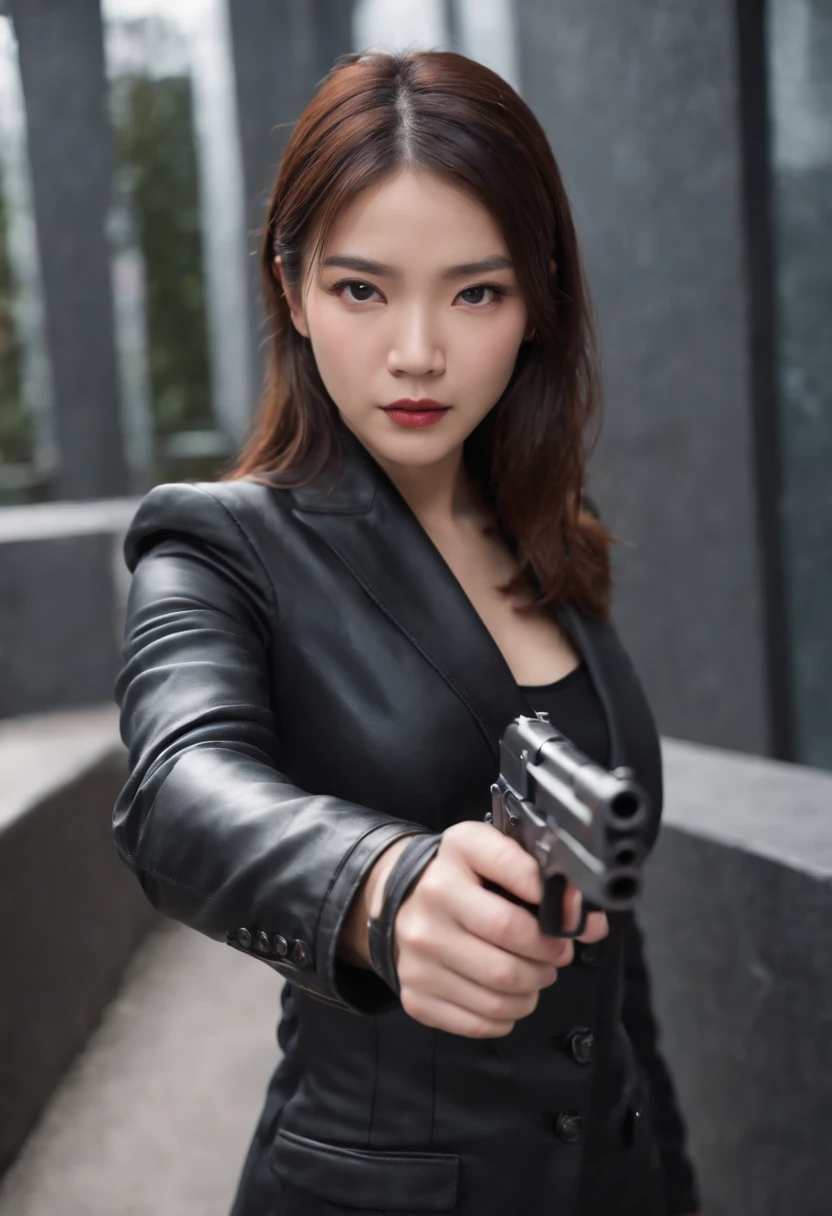 Japan girl in black suit holding gun with two hands in black leather gloves