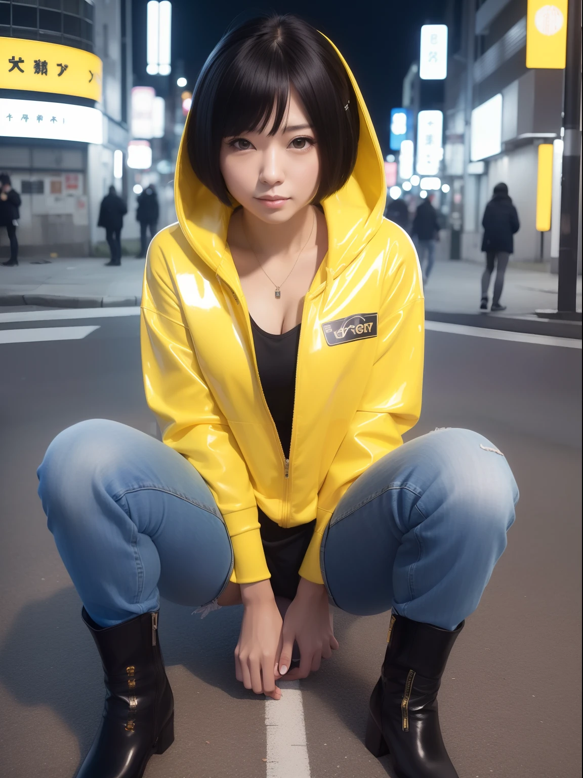 masutepiece,A hyper-realistic,32K,the Extremely Detailed CG Unity 8K Wallpapers, Best Quality,1 Beautiful Japan Woman,Yellow latex hoodie,Blue jeans,Leather boots,Full body,Street,(Film grain:1.2), (Film Overlay:1.3), Night,Smile,Bob Cut Hair,