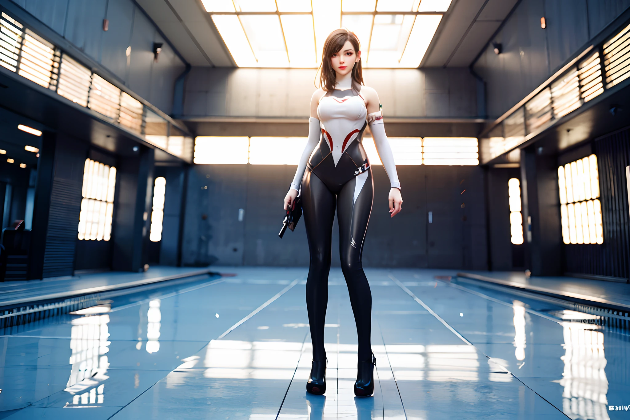 （globalillumination、The rendering is not realistic、reasonable design、high detal、in a panoramic view、best qualtiy、hyper HD），fully body photo，Spacious bedroom，Girl in white tights suit，occupation，the doctor，Get wet，