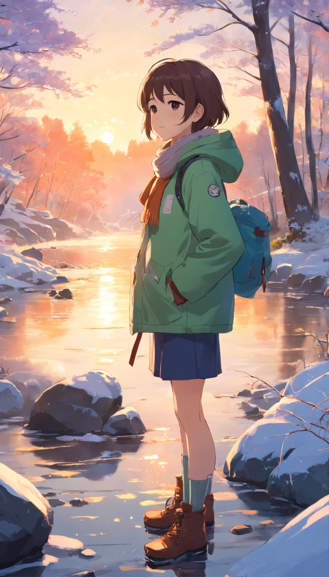 A little girl in a down jacket camps by the river,Winter is snowy,The girl drilled wood for the fire,A small fire,Little girl grilling fish over a small fire,wearing gloves,Wear a scarf,The little girl smiled happily,Children's illustration style,Full body like,Department of Healing