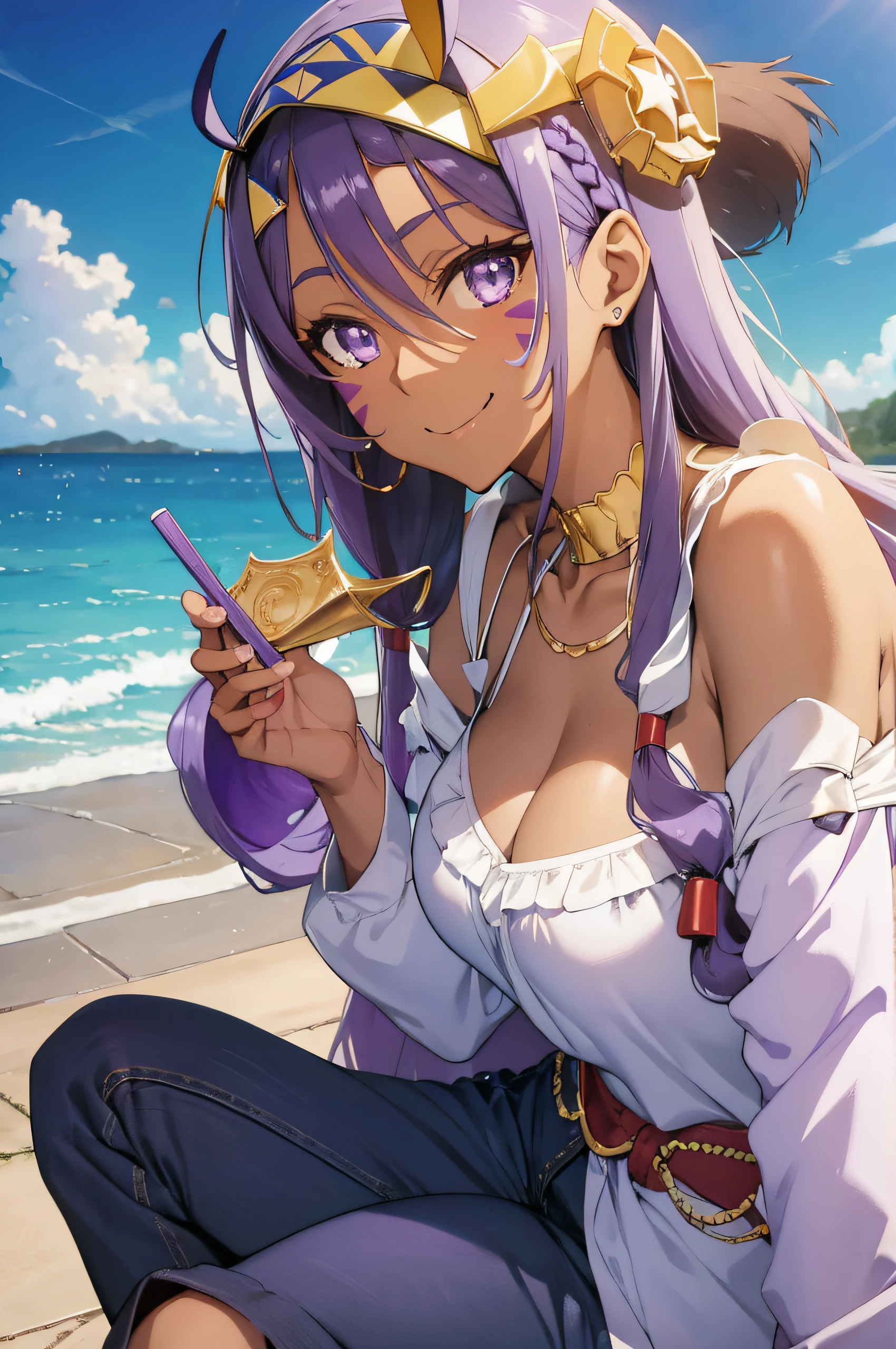 (masterpiece, best quality, detailed) ,1girl, nitocris, nitocris, animal ears, (dark skin:1.5), dark-skinned female, facial mark, hair between eyes, long hair, (purple eyes:1.1), (purple hair:1.5), sidelocks, jeans walking down the street,cute anime girl, pretty anime girl, smooth anime cg art, beautiful anime girl, attractive anime girl, ecchi anime style, seductive anime girl.teasing smile, clean detailed anime art,high resolution, (perfect hands, perfect anatomy),