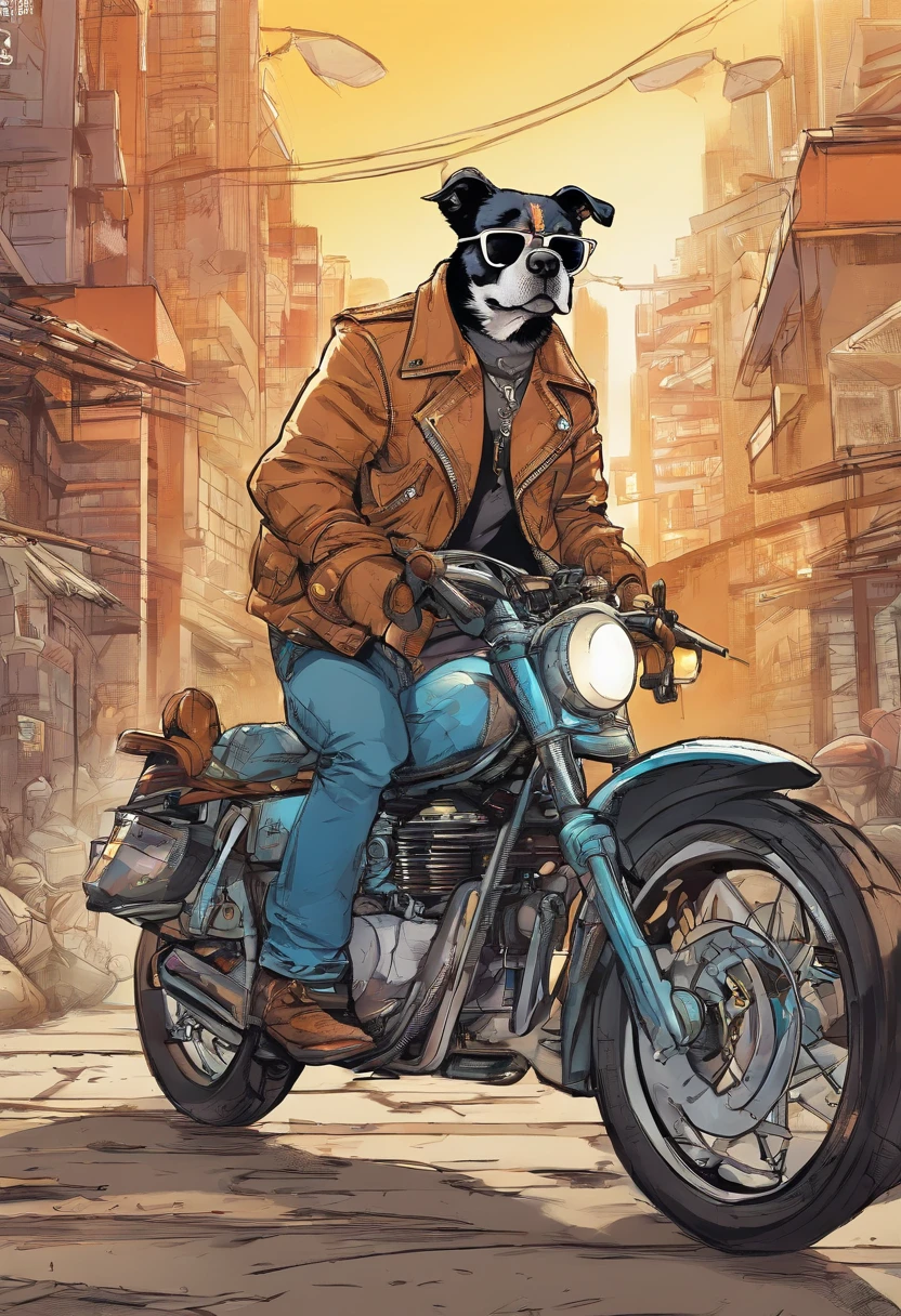 Photo of a dog with sunglasses、Trending in art stations、wearing leather jacket、Ultra-realistic detail rendering、urban style、intimidating pose、Dog Planet、Fashionable clothes、urbansamurai、a Dog、riding on motorcycle、Moving bricks at a construction site